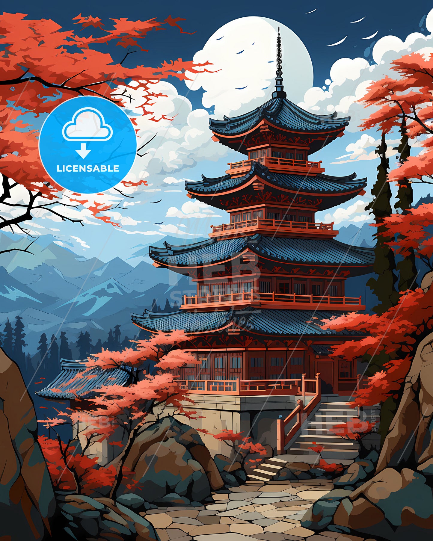 Tokyo Japan Cityscape Painting - Pagoda Temple With Red Leaves Fall Season Art