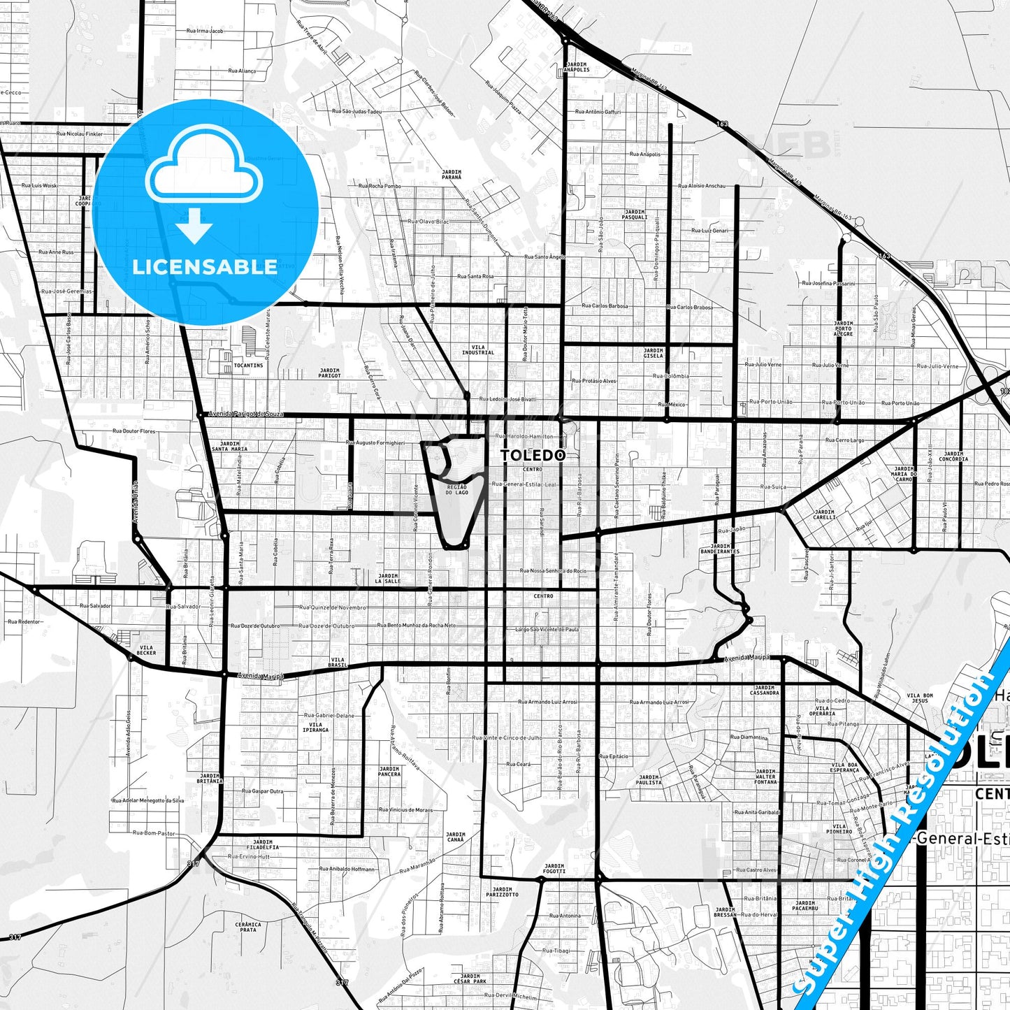 Toledo, Brazil Light Map with Street Names, City Names, and Districts