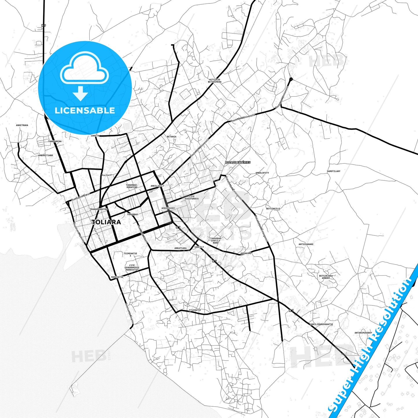Toliara, Madagascar Light Map with Street Names, City Names, and Districts