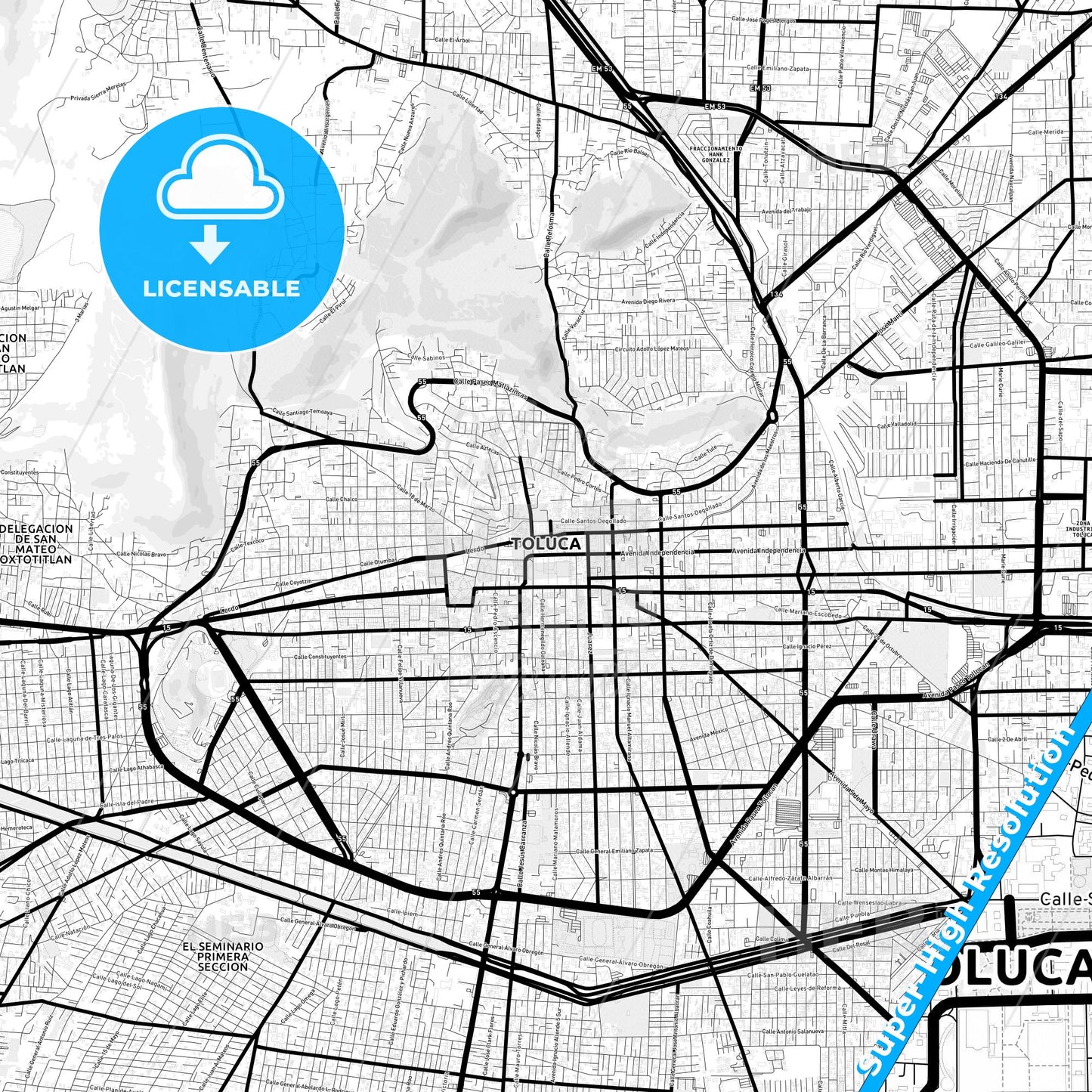 Toluca, Mexico Light Map with Street Names, City Names, and Districts