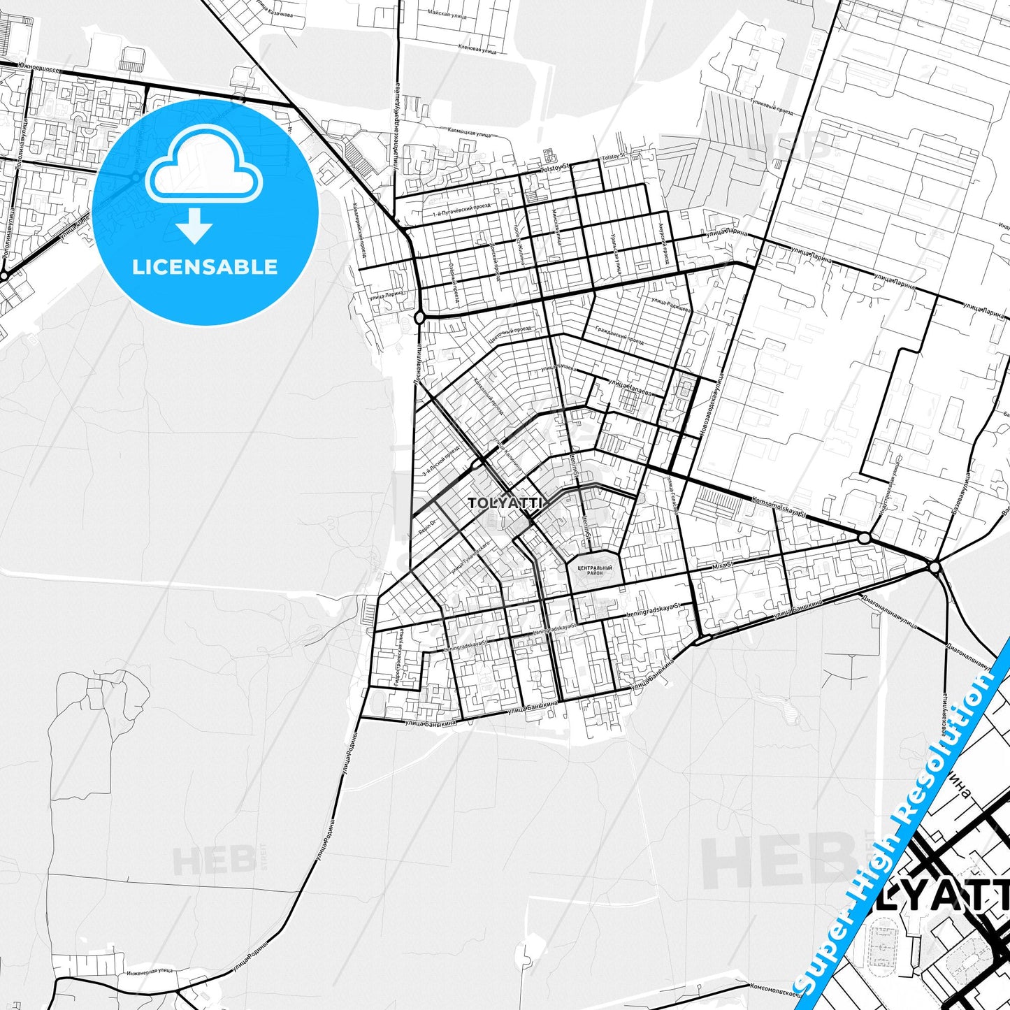 Tolyatti, Russia Light Map with Street Names, City Names, and Districts