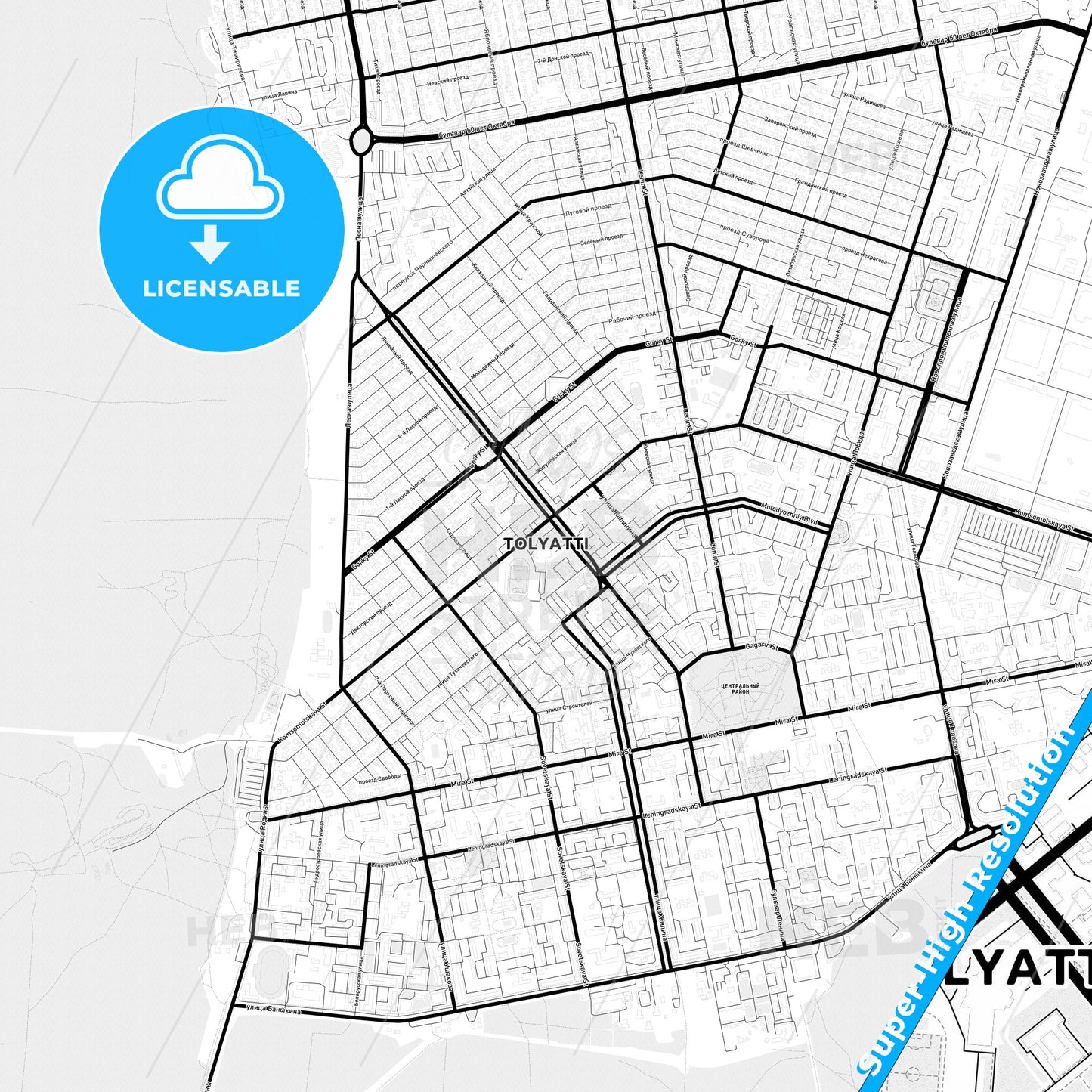 Tolyatti, Russia Light Map with Street Names, City Names, and Districts