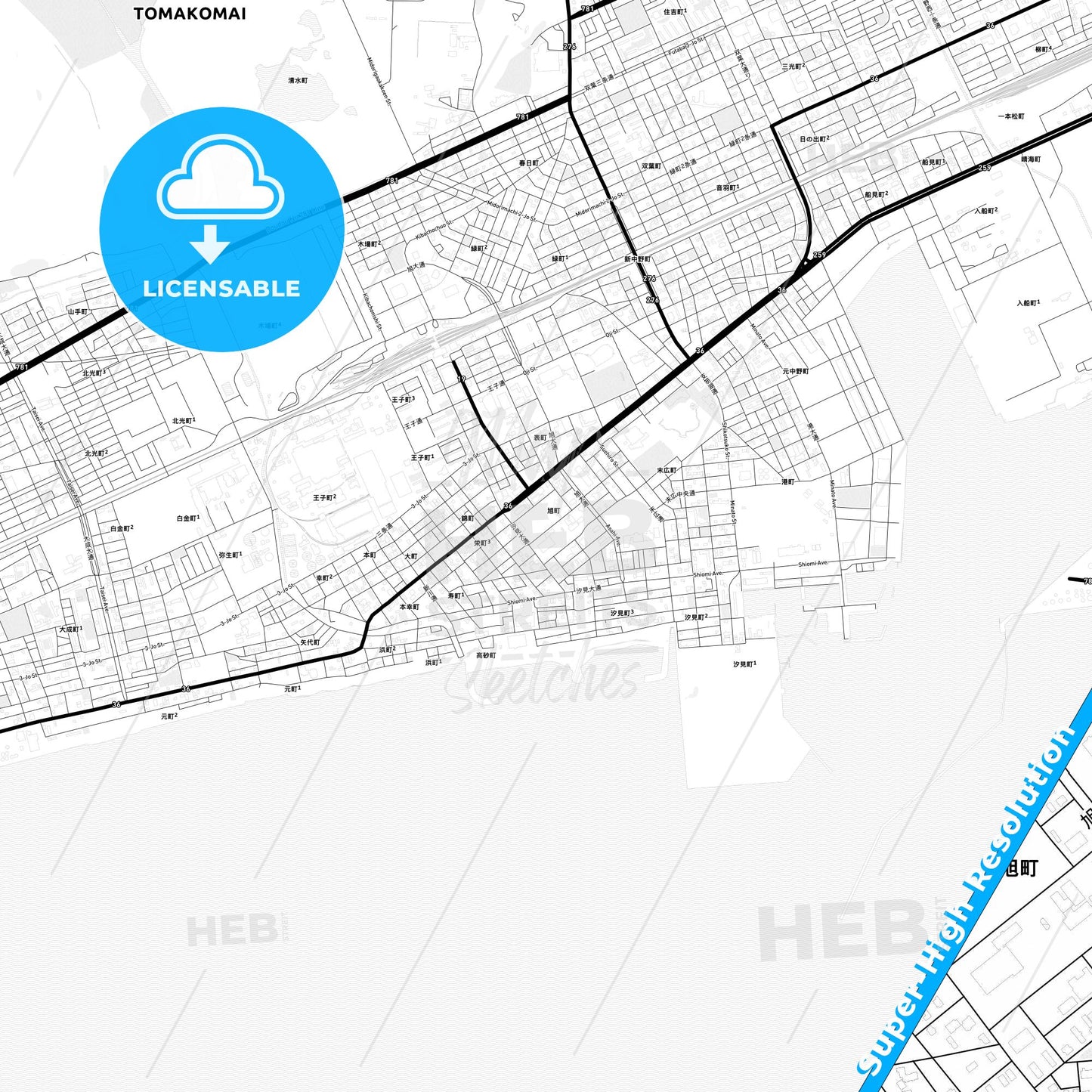 Tomakomai, Japan Light Map with Street Names, City Names, and Districts