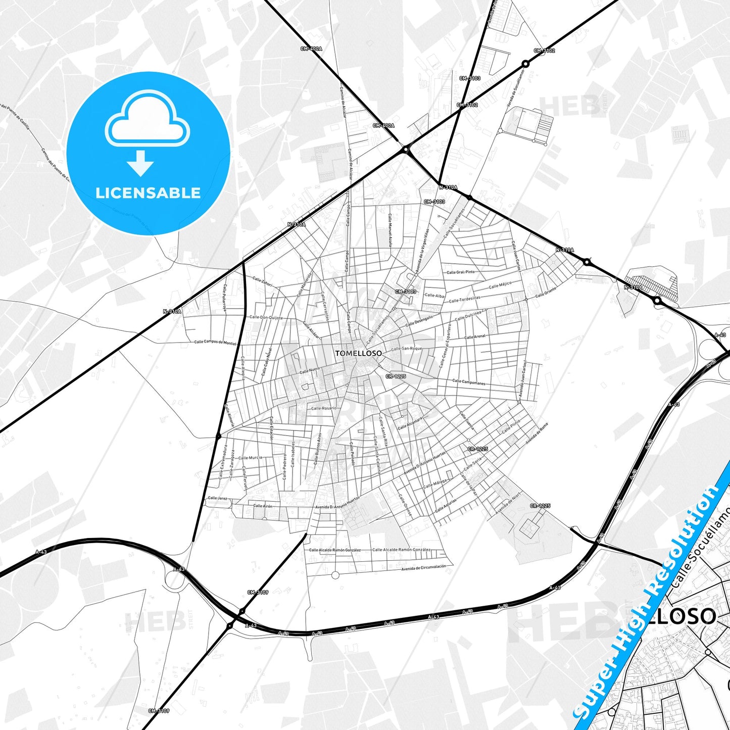 Tomelloso, Spain Light Map with Street Names, City Names, and Districts