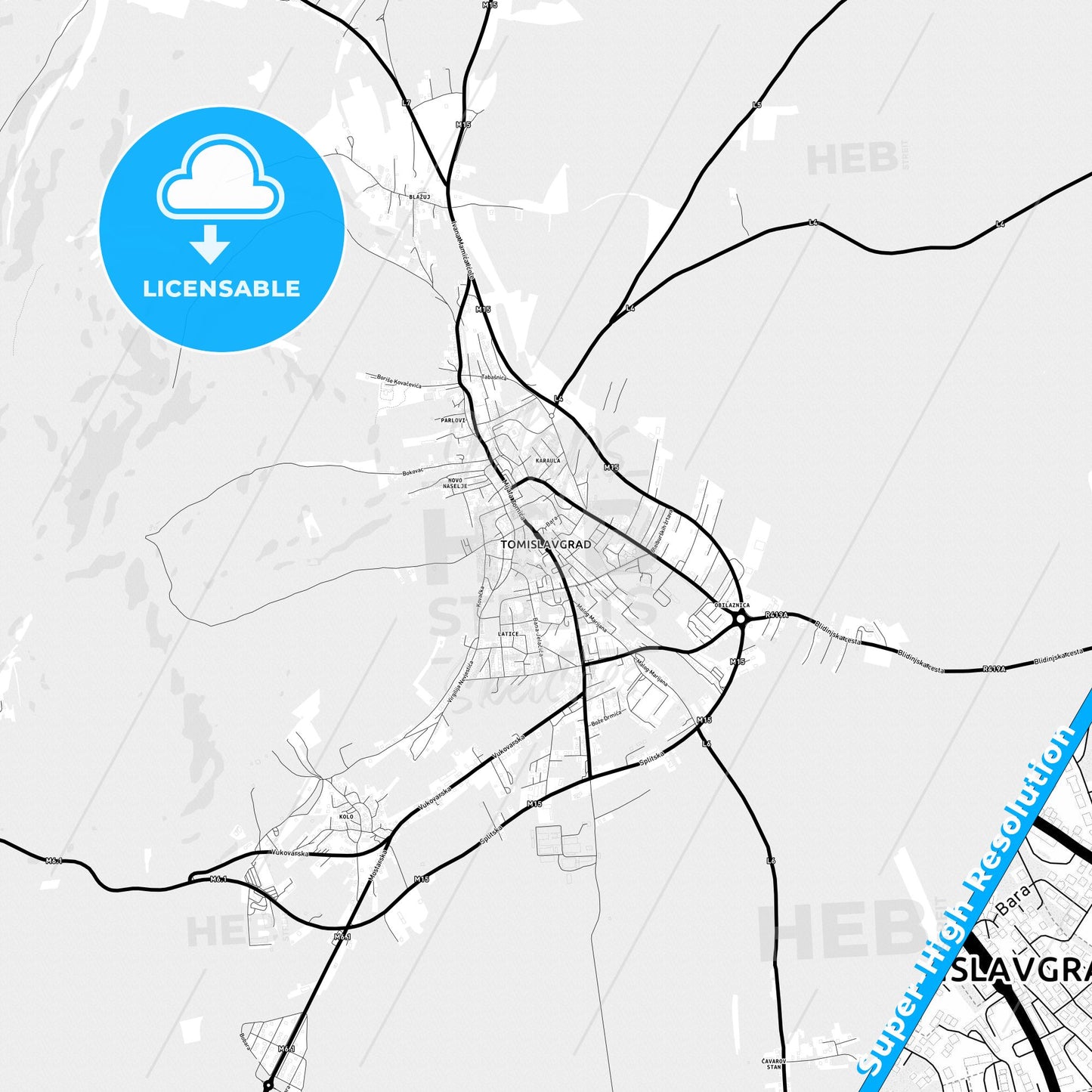 Tomislavgrad, Bosnia and Herzegovina Light Map with Street Names, City Names, and Districts