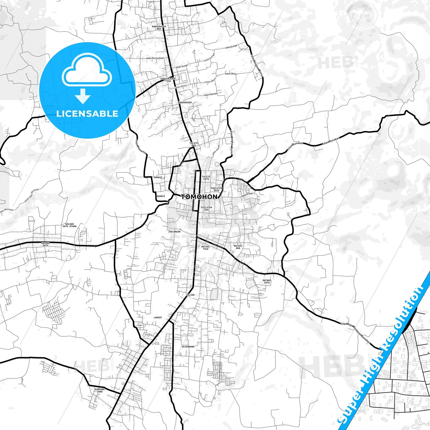 Tomohon, Indonesia Light Map with Street Names, City Names, and Districts