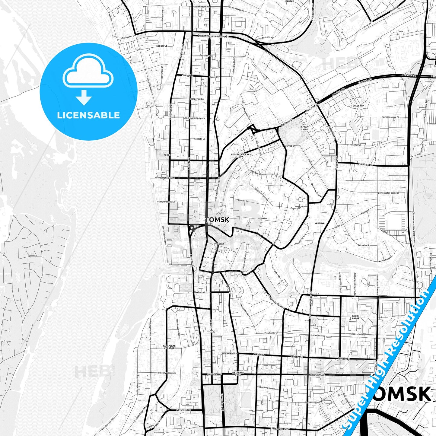Tomsk, Russia Light Map with Street Names, City Names, and Districts