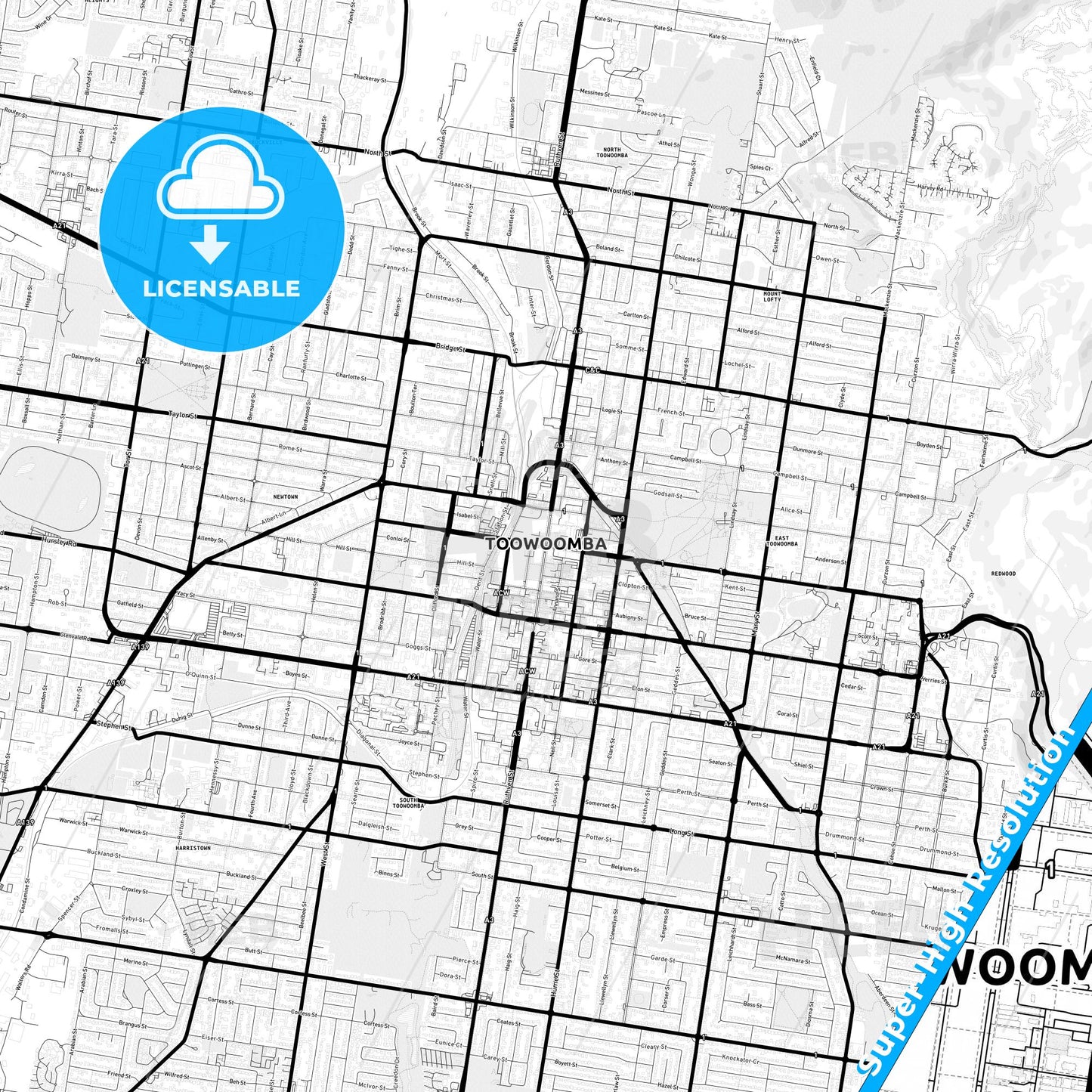 Toowoomba, Australia Light Map with Street Names, City Names, and Districts