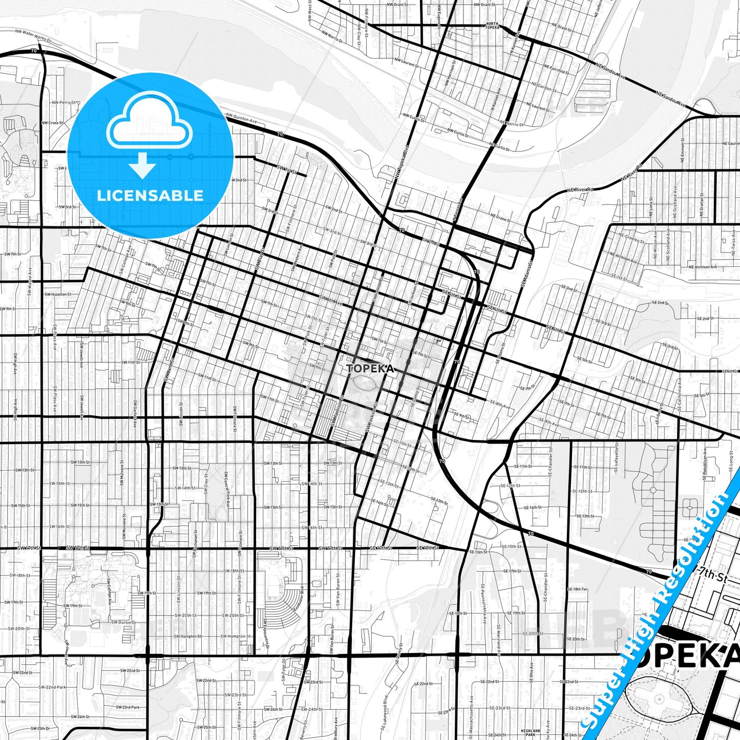 Topeka, Kansas Light Map with Street Names, City Names, and Districts