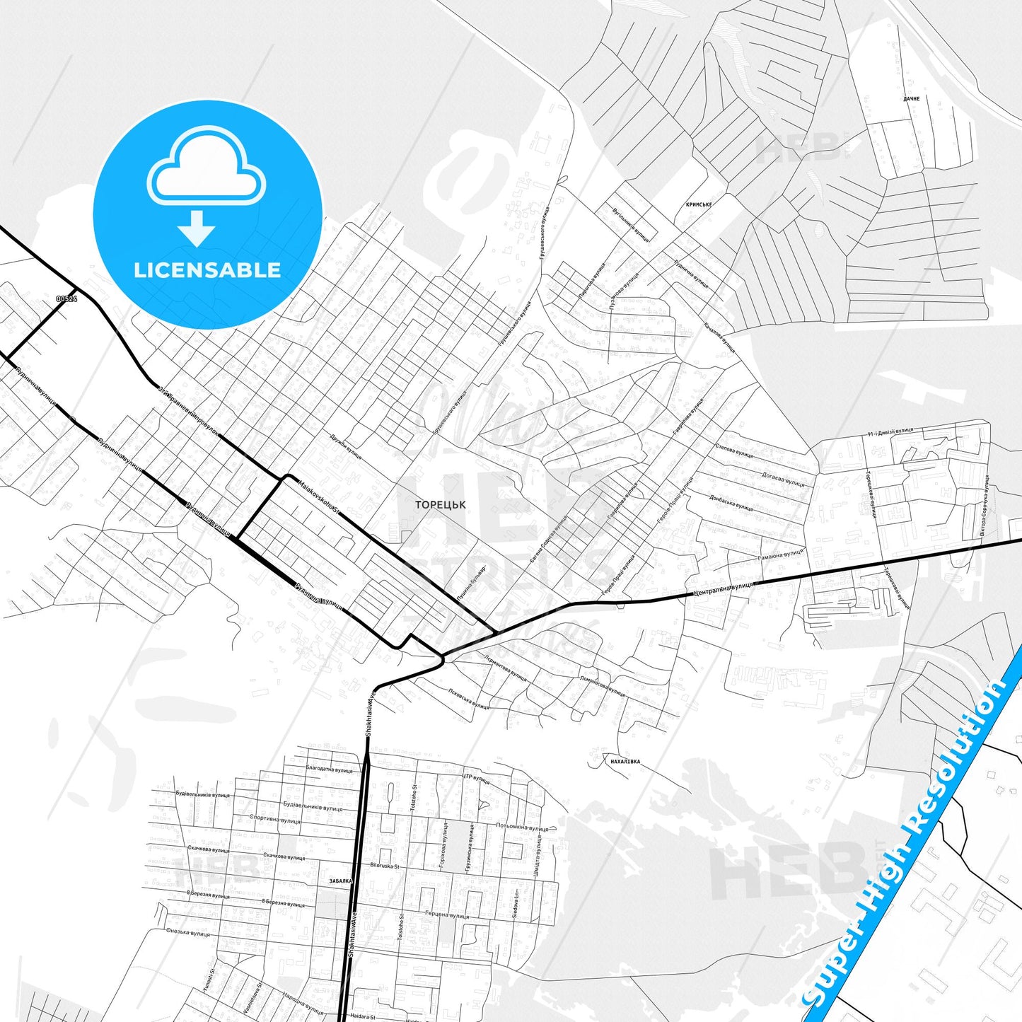 Toretsk, Ukraine Light Map with Street Names, City Names, and Districts