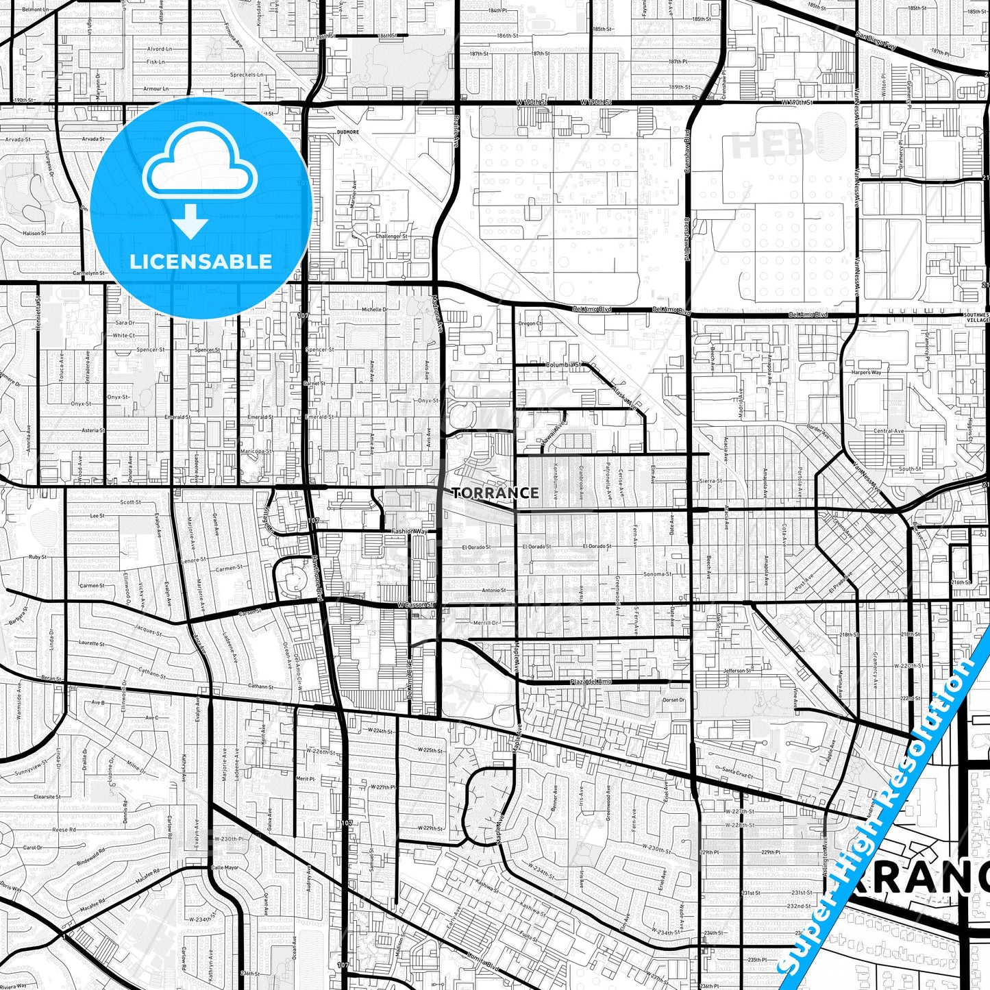 Torrance, California Light Map with Street Names, City Names, and Districts