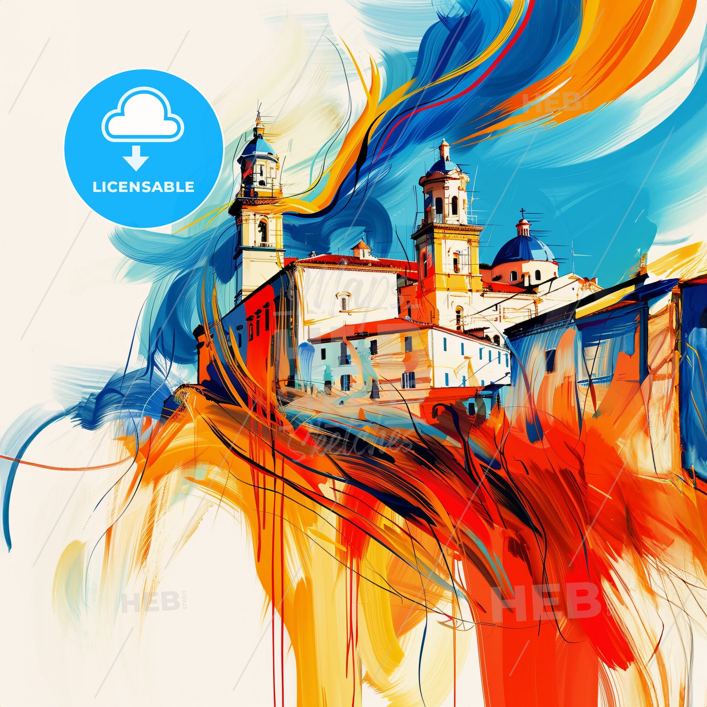 Vibrant Torre Del Greco, Italy - A Painting Of A Building With Towers And A Colorful Background