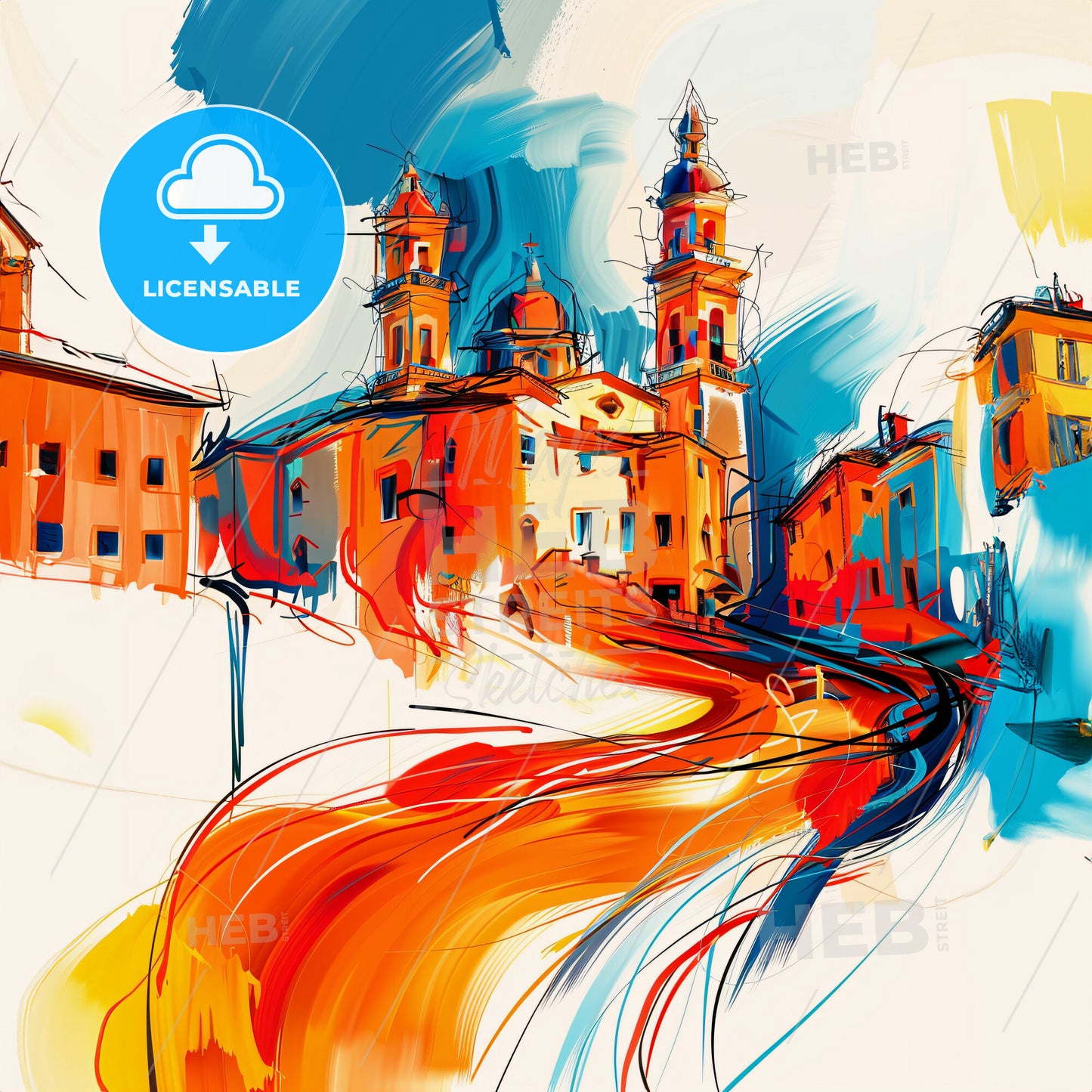 Vibrant Torre Del Greco, Italy - A Painting Of A Building With Towers And A Road