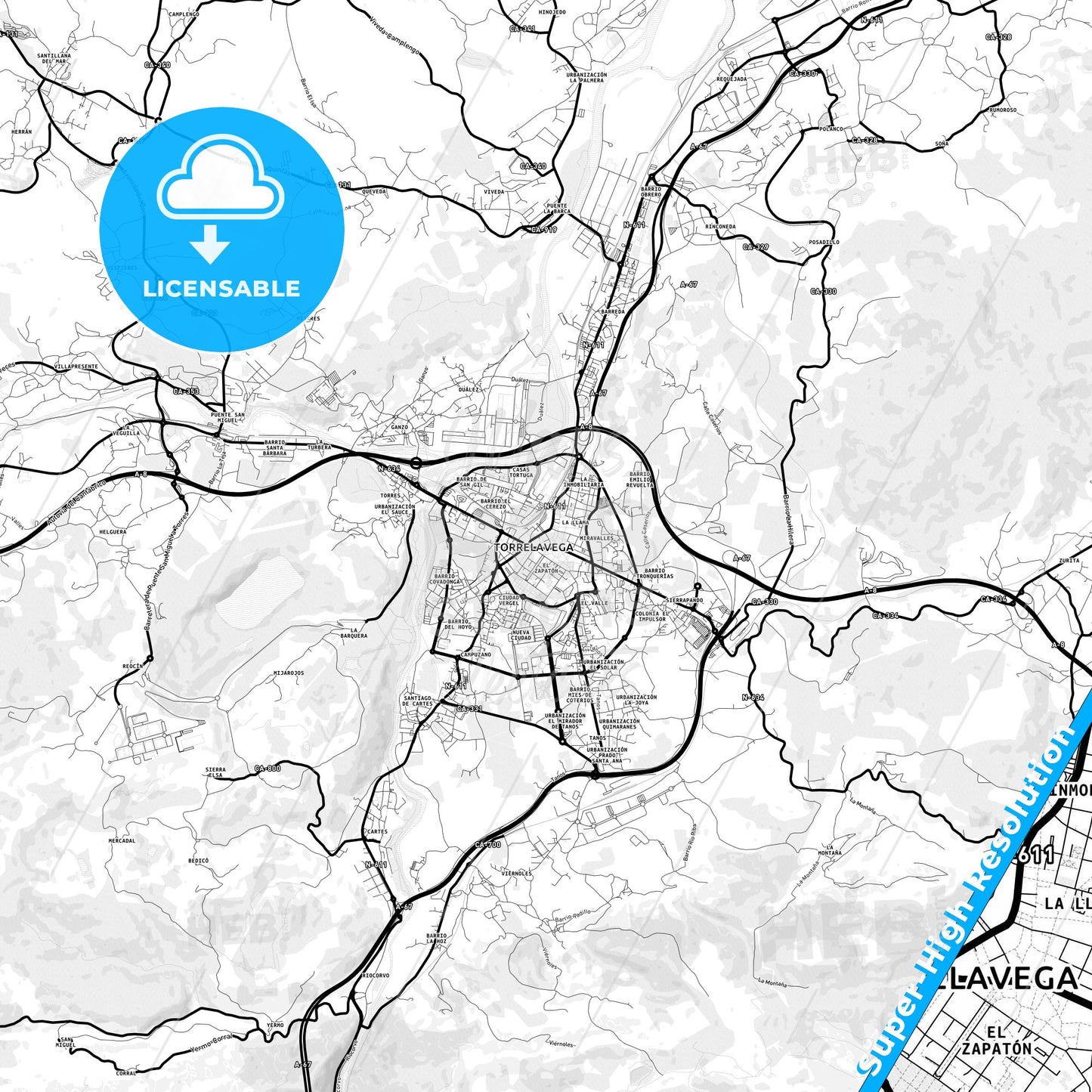 Torrelavega, Spain Light Map with Street Names, City Names, and Districts