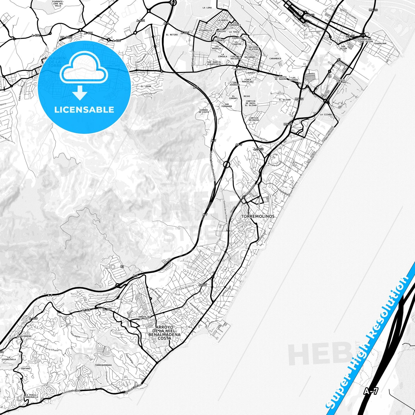 Torremolinos, Spain Light Map with Street Names, City Names, and Districts