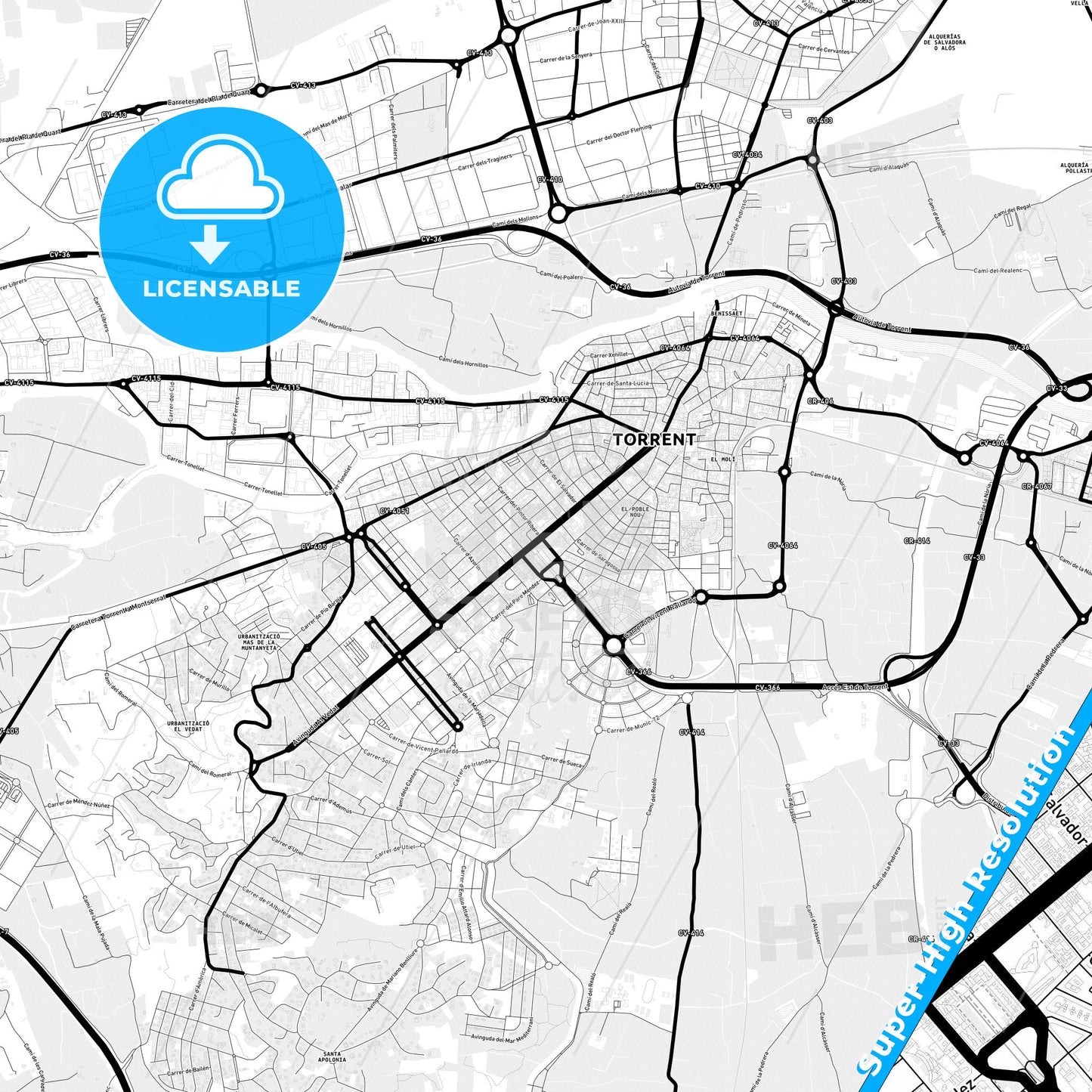 Torrent, Spain Light Map with Street Names, City Names, and Districts