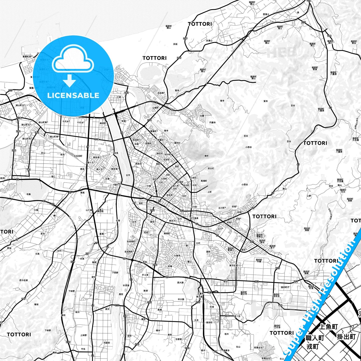 Tottori, Japan Light Map with Street Names, City Names, and Districts