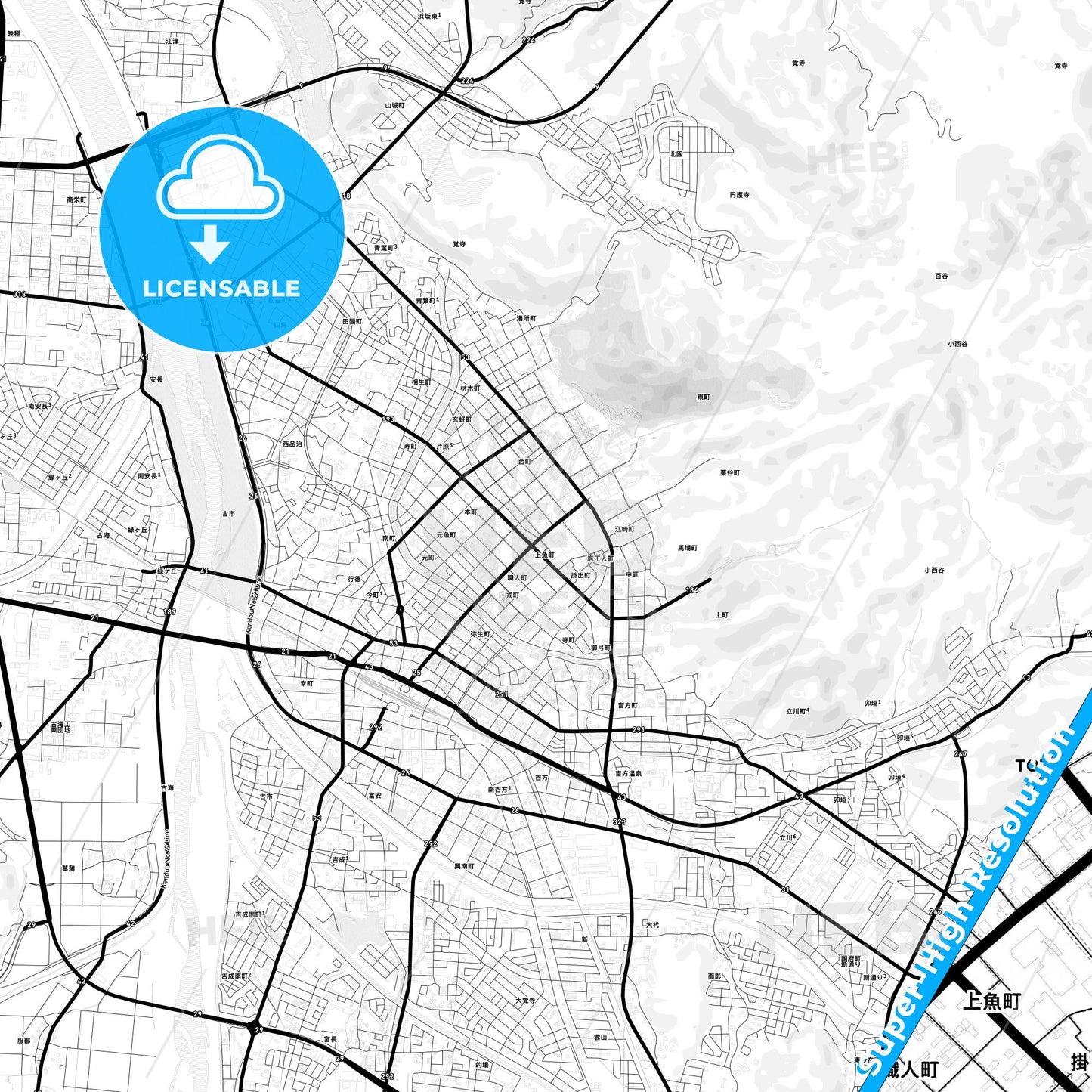 Tottori, Japan Light Map with Street Names, City Names, and Districts