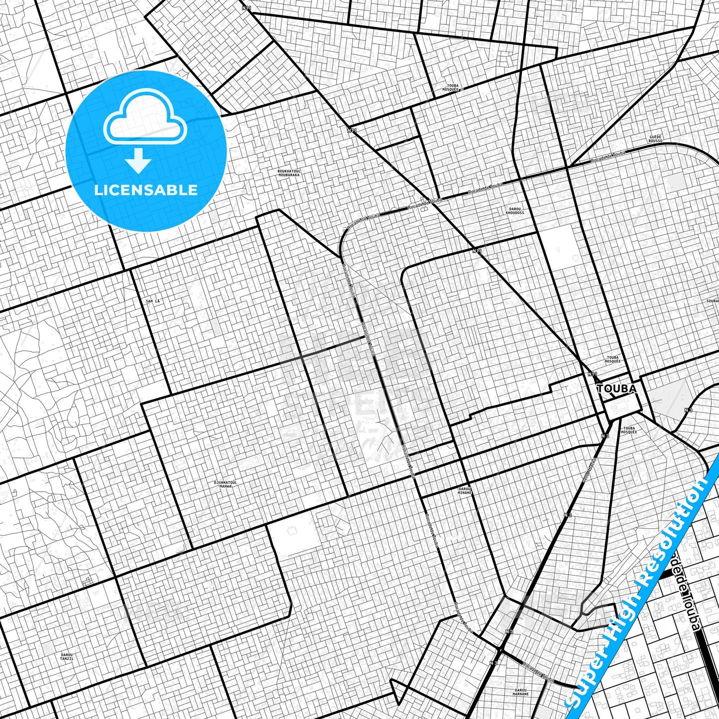 Touba, Senegal Light Map with Street Names, City Names, and Districts