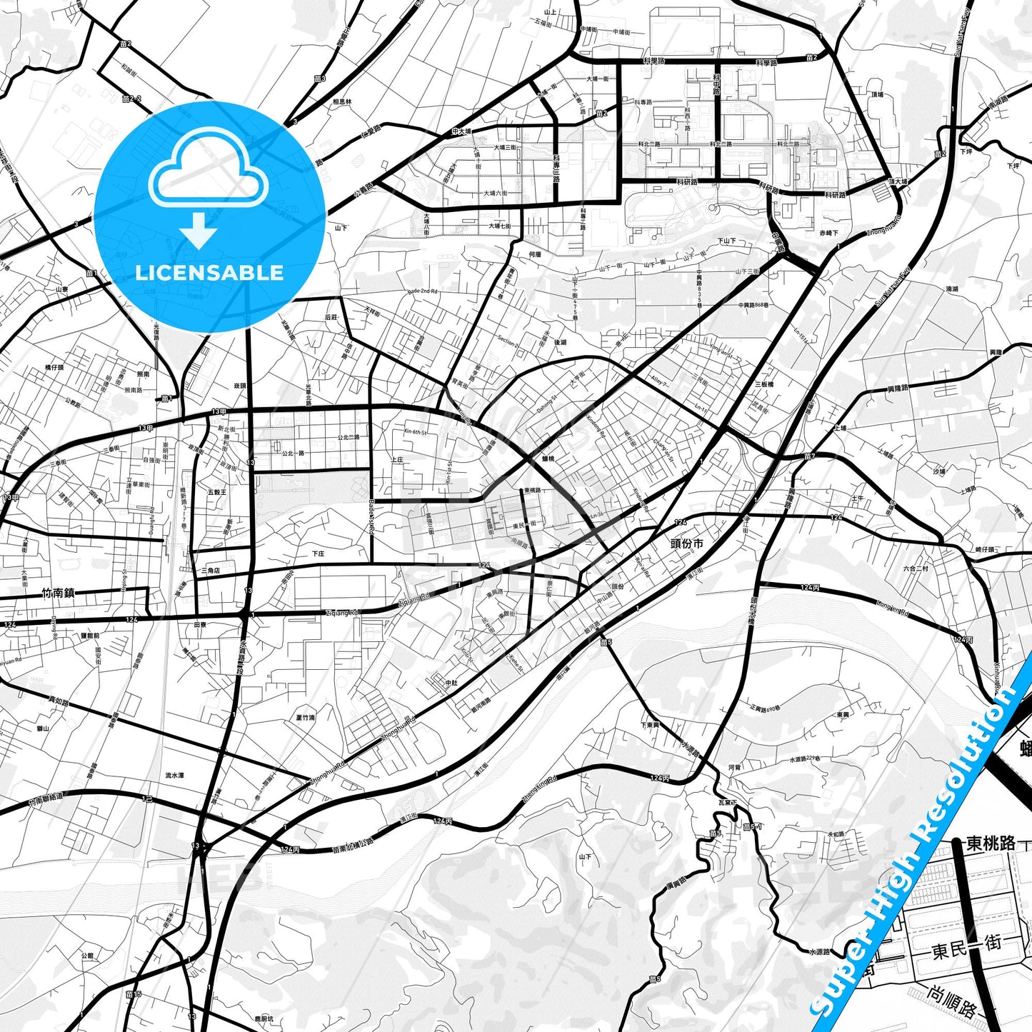 Toufen, Taiwan Light Map with Street Names, City Names, and Districts