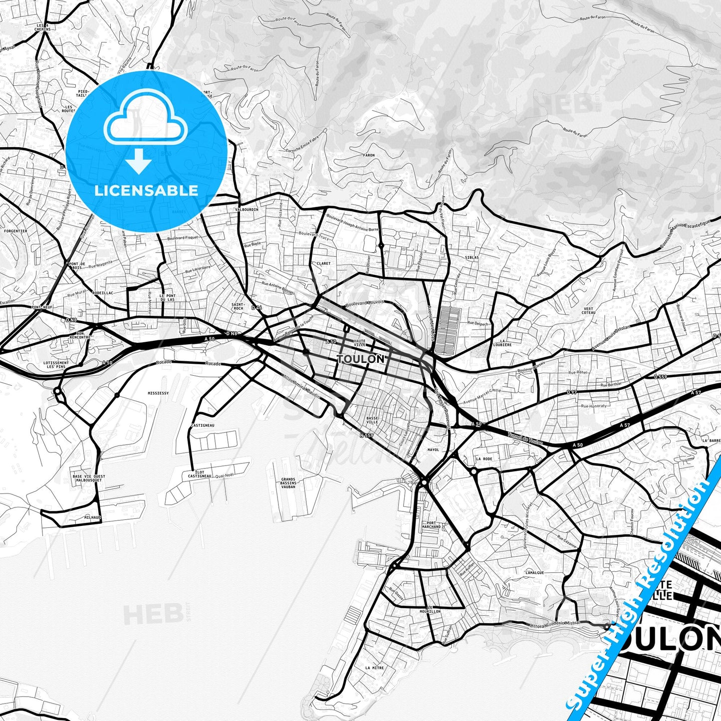 Toulon, France Light Map with Street Names, City Names, and Districts