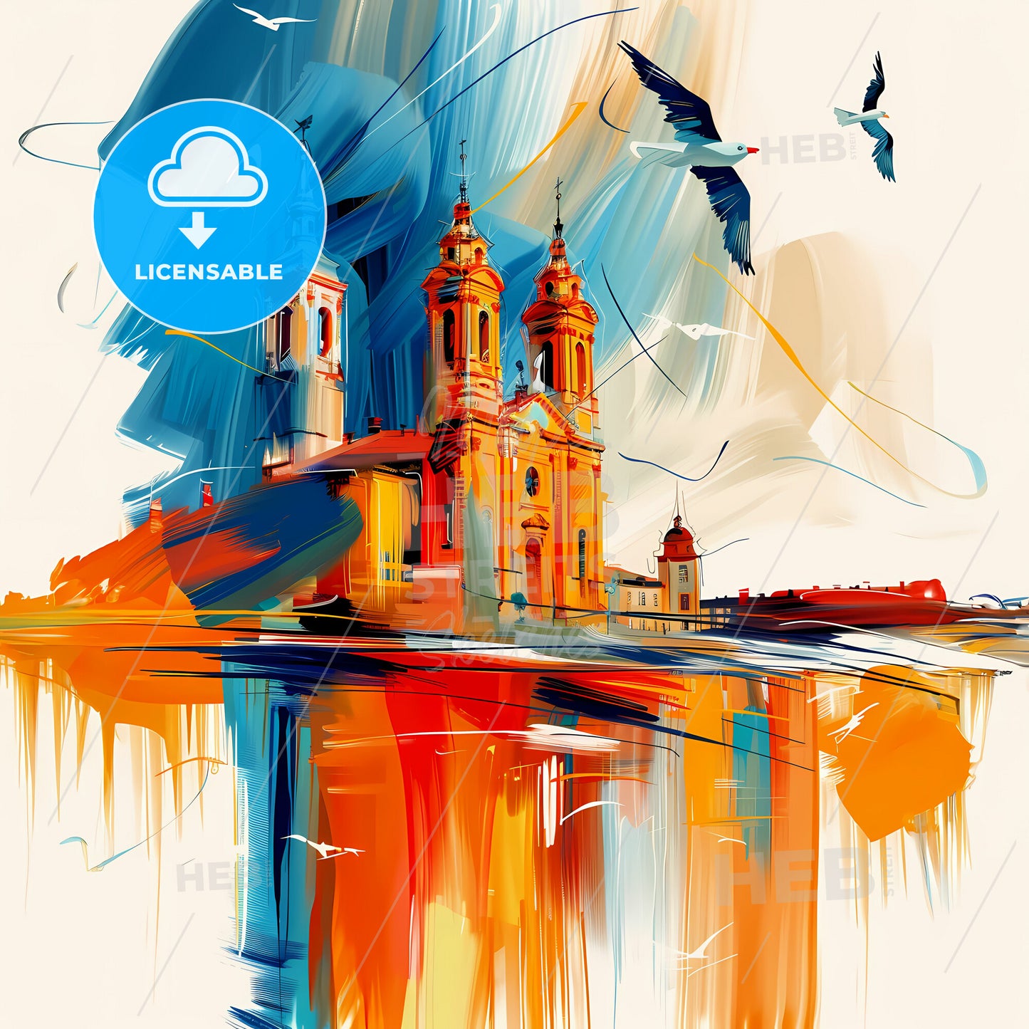 Vibrant Toulouse, France - A Painting Of A Building With Towers And Birds Flying