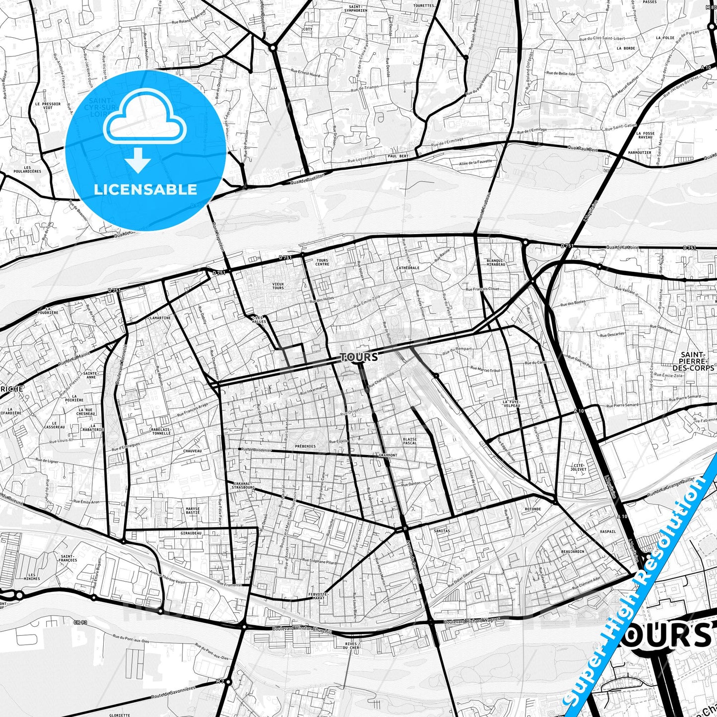 Tours, France Light Map with Street Names, City Names, and Districts