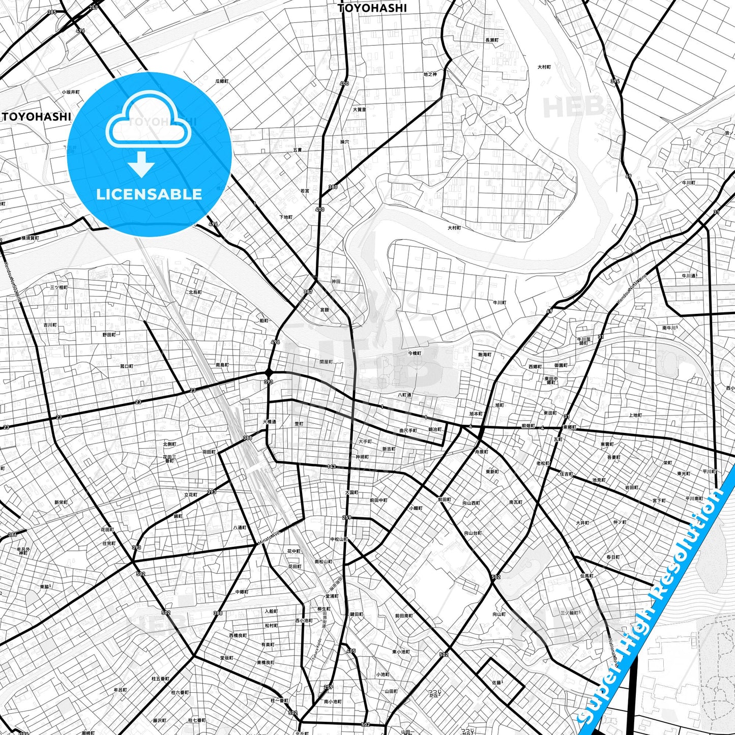 Toyohashi, Japan Light Map with Street Names, City Names, and Districts