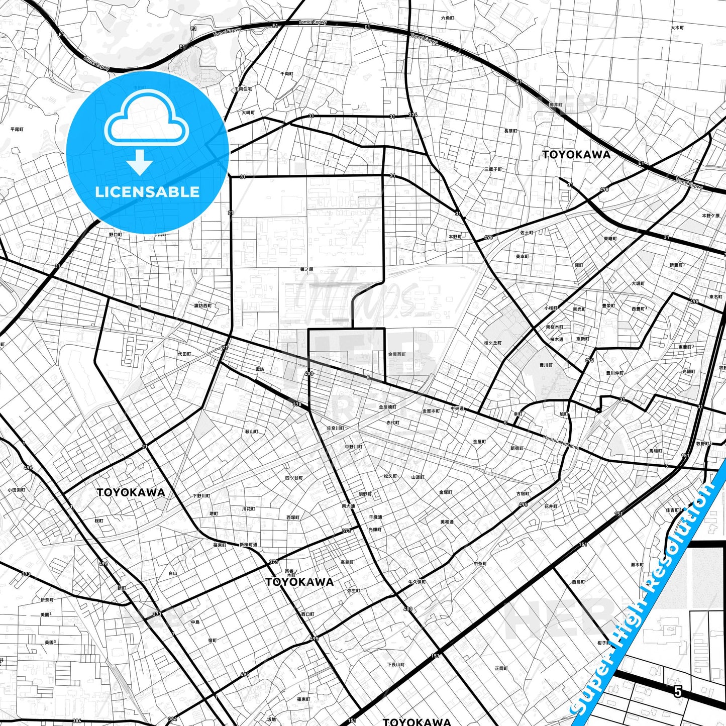 Toyokawa, Japan Light Map with Street Names, City Names, and Districts