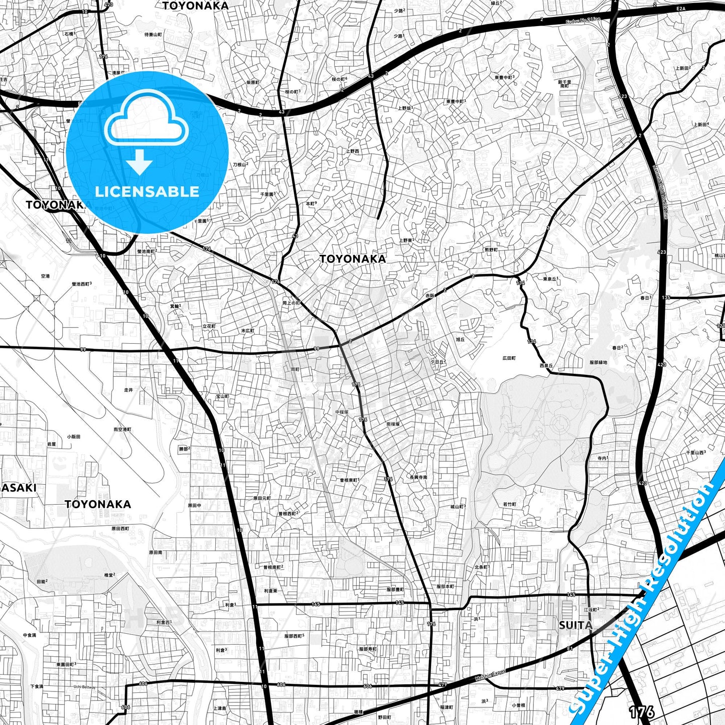 Toyonaka, Japan Light Map with Street Names, City Names, and Districts
