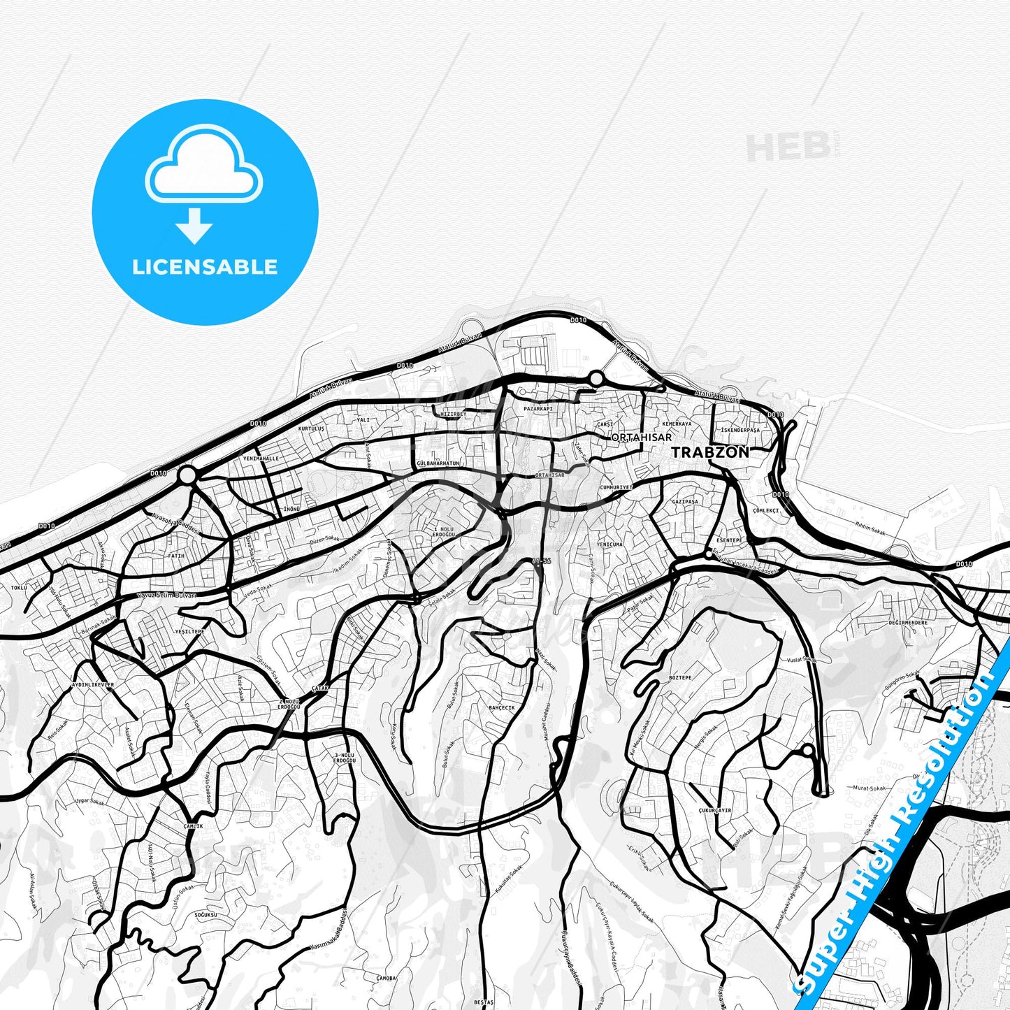 Trabzon, Turkey Light Map with Street Names, City Names, and Districts