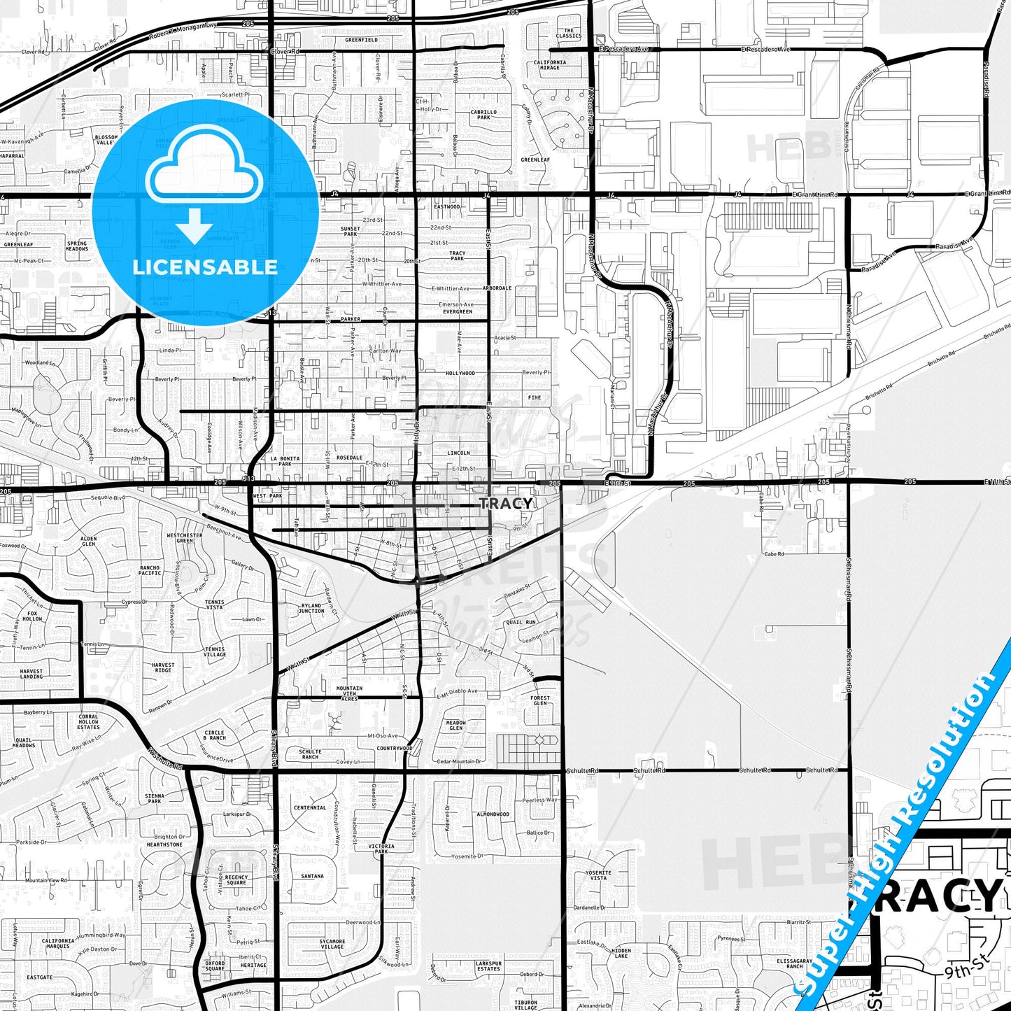 Tracy, California Light Map with Street Names, City Names, and Districts
