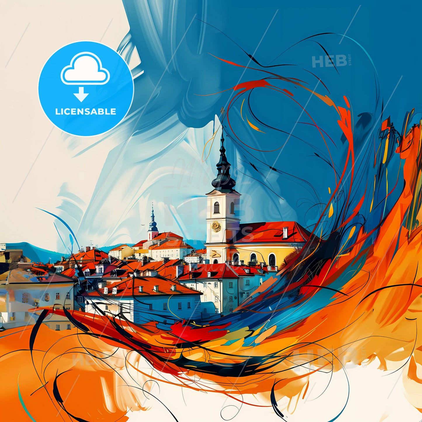 Vibrant Traiskirchen, Austria - A Painting Of A City With A Tower And Red Roofs