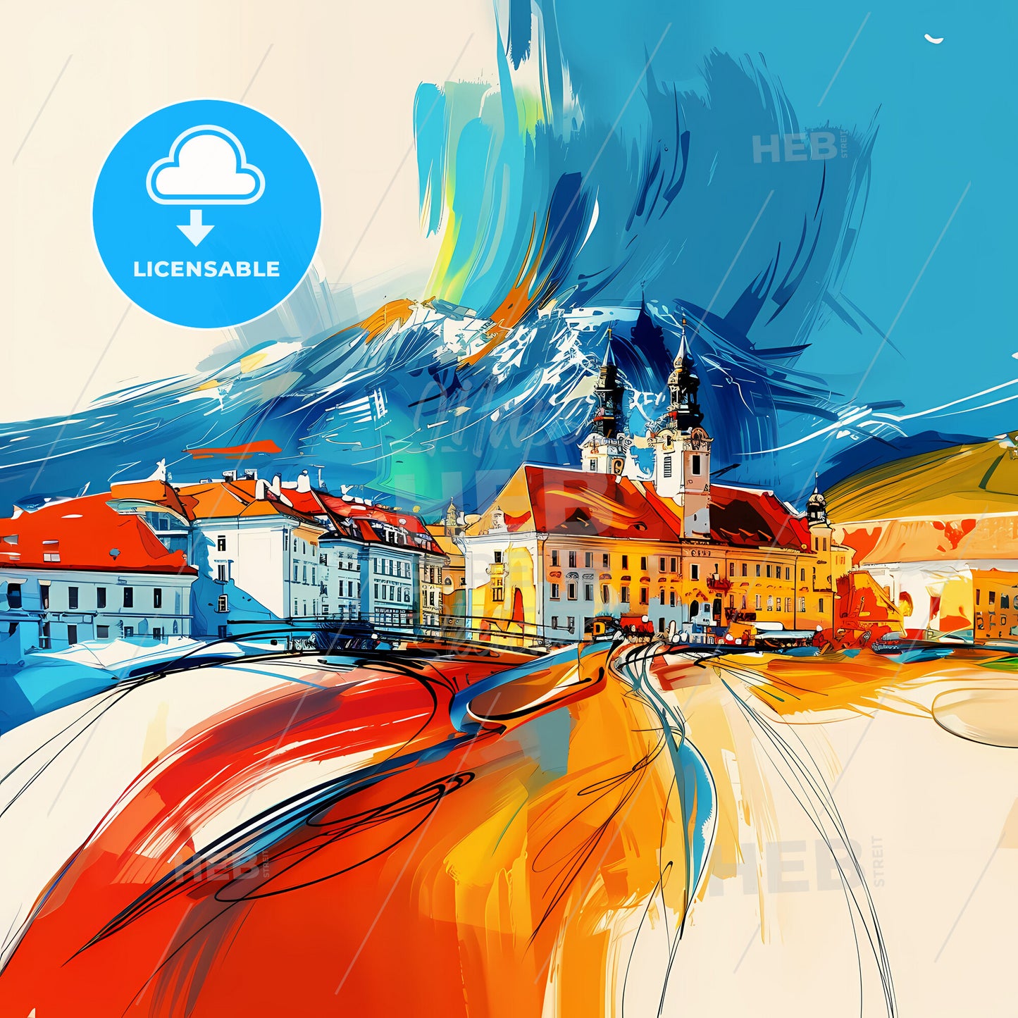 Vibrant Traiskirchen, Austria - A Painting Of A Town With A Mountain In The Background