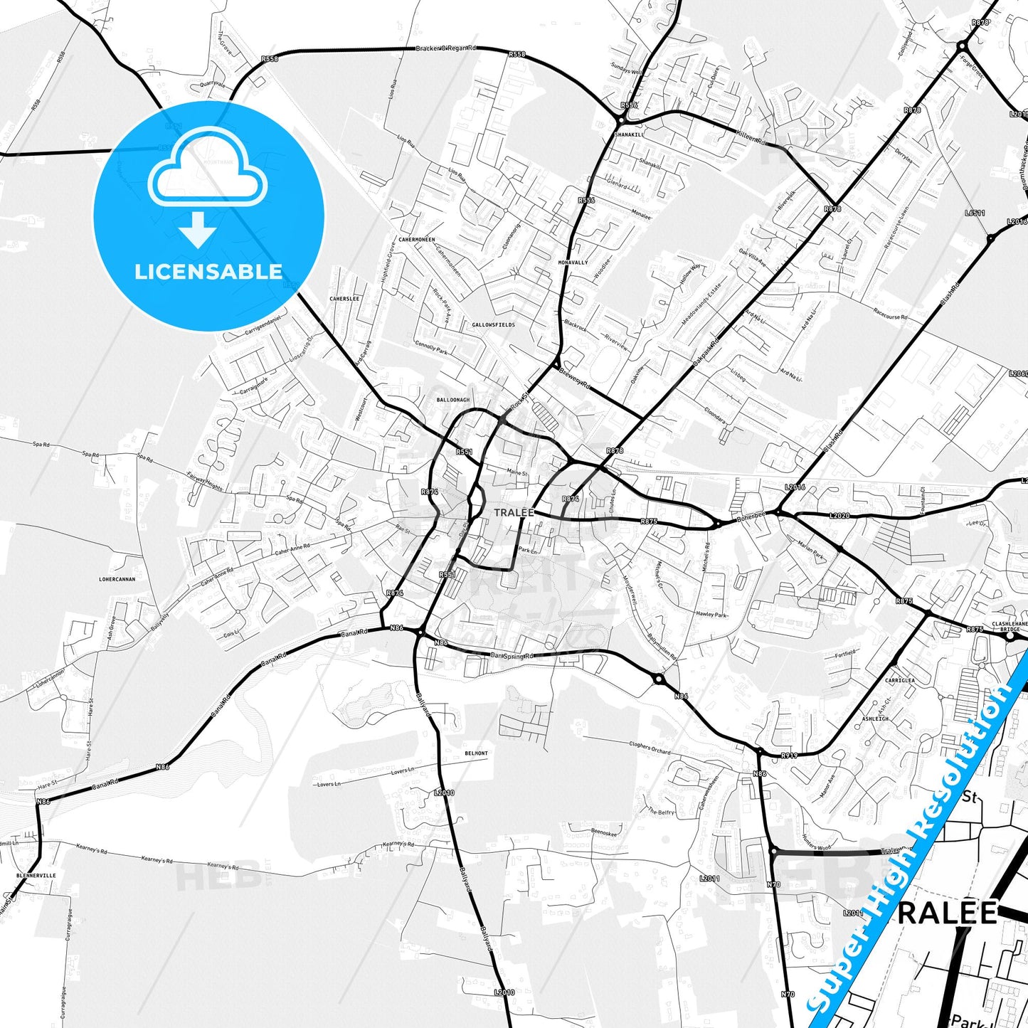 Tralee, Ireland Light Map with Street Names, City Names, and Districts