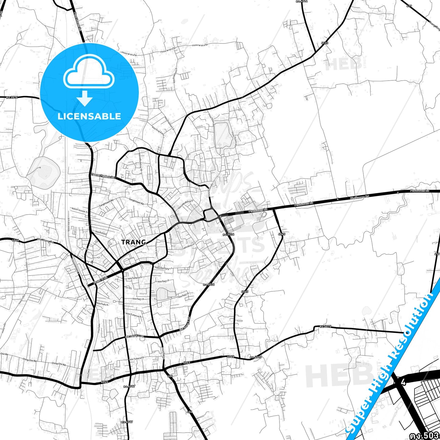 Trang, Thailand Light Map with Street Names, City Names, and Districts