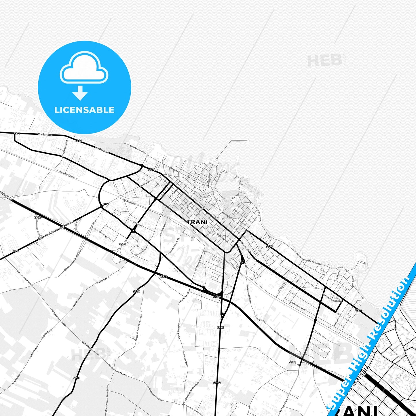 Trani, Italy Light Map with Street Names, City Names, and Districts