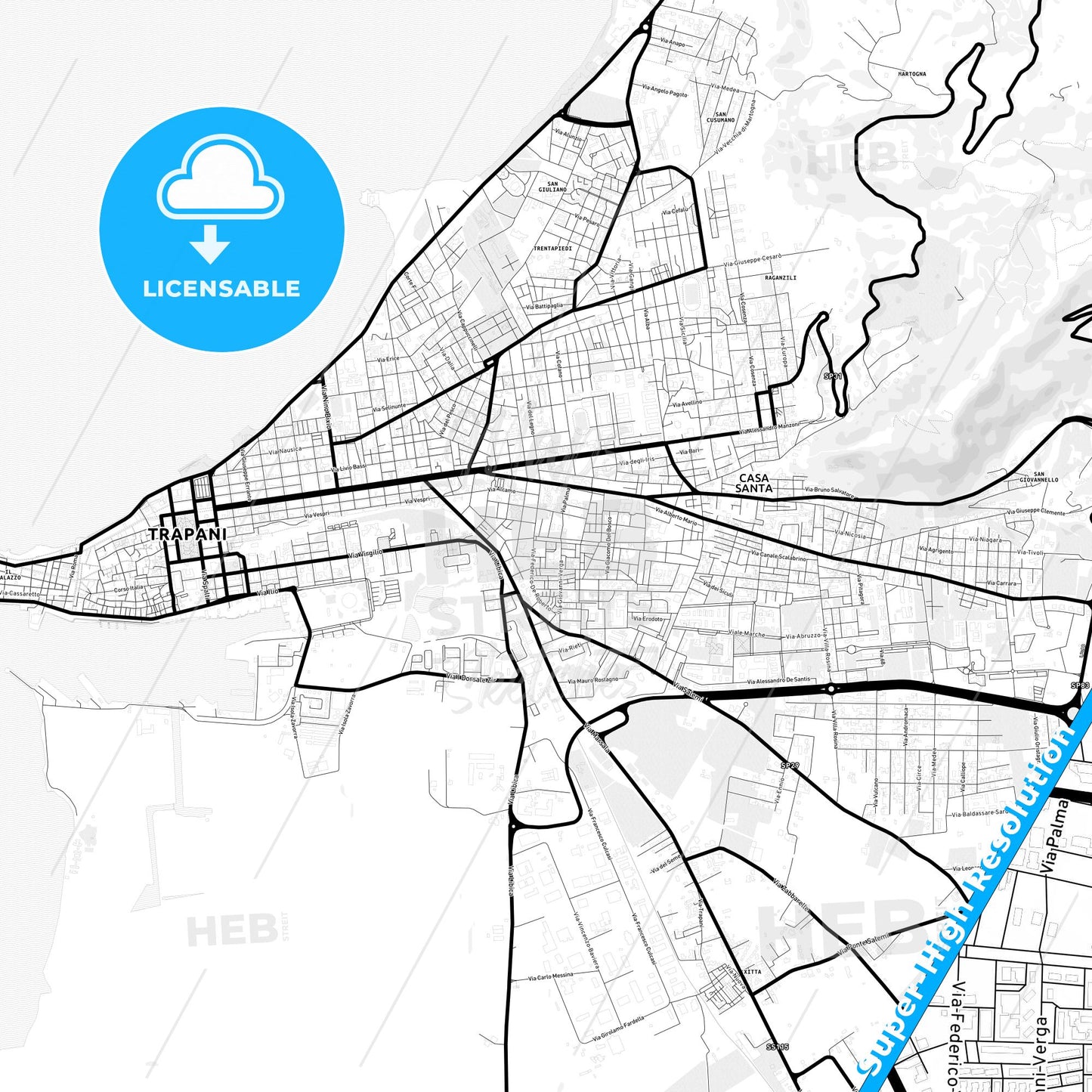 Trapani, Italy Light Map with Street Names, City Names, and Districts