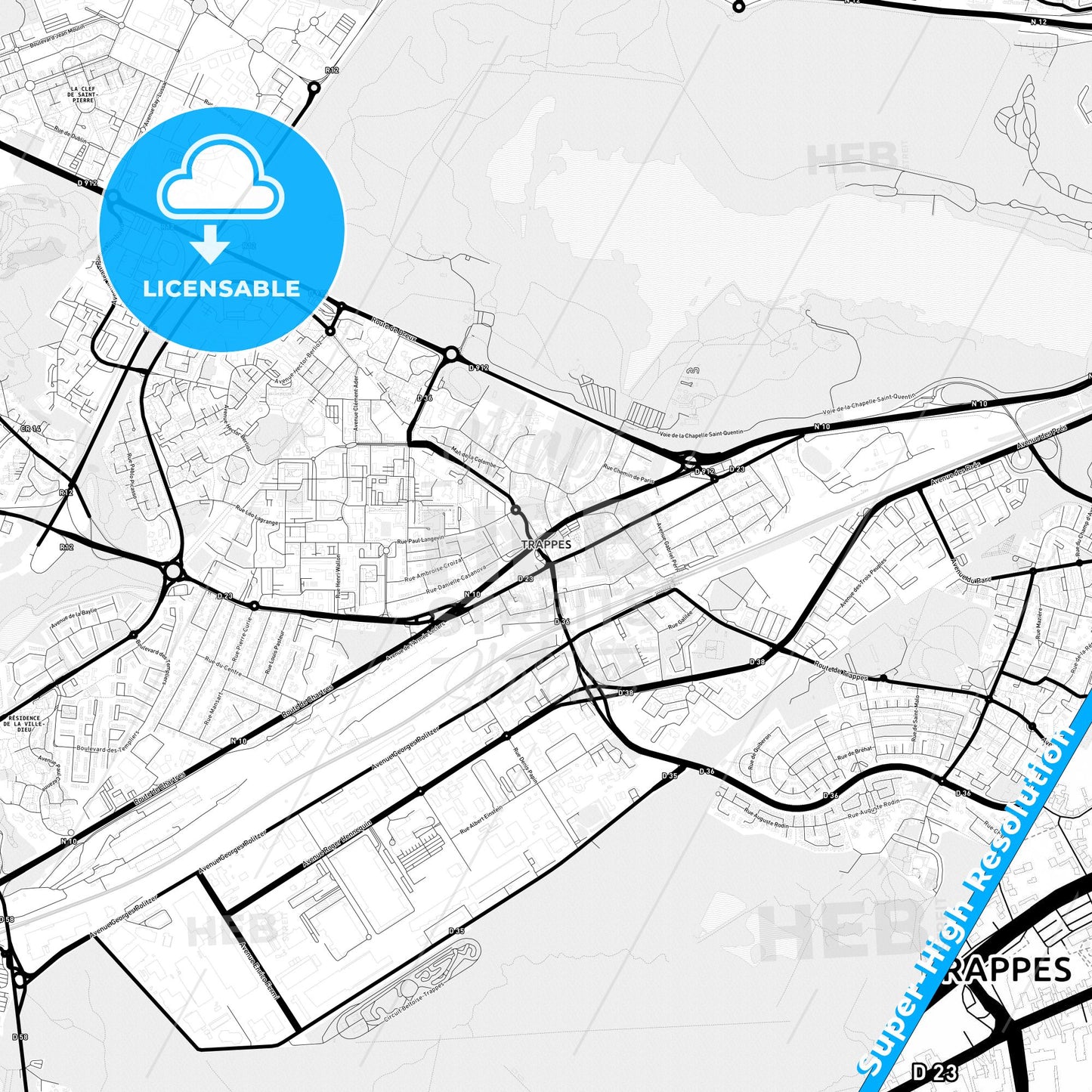 Trappes, France Light Map with Street Names, City Names, and Districts