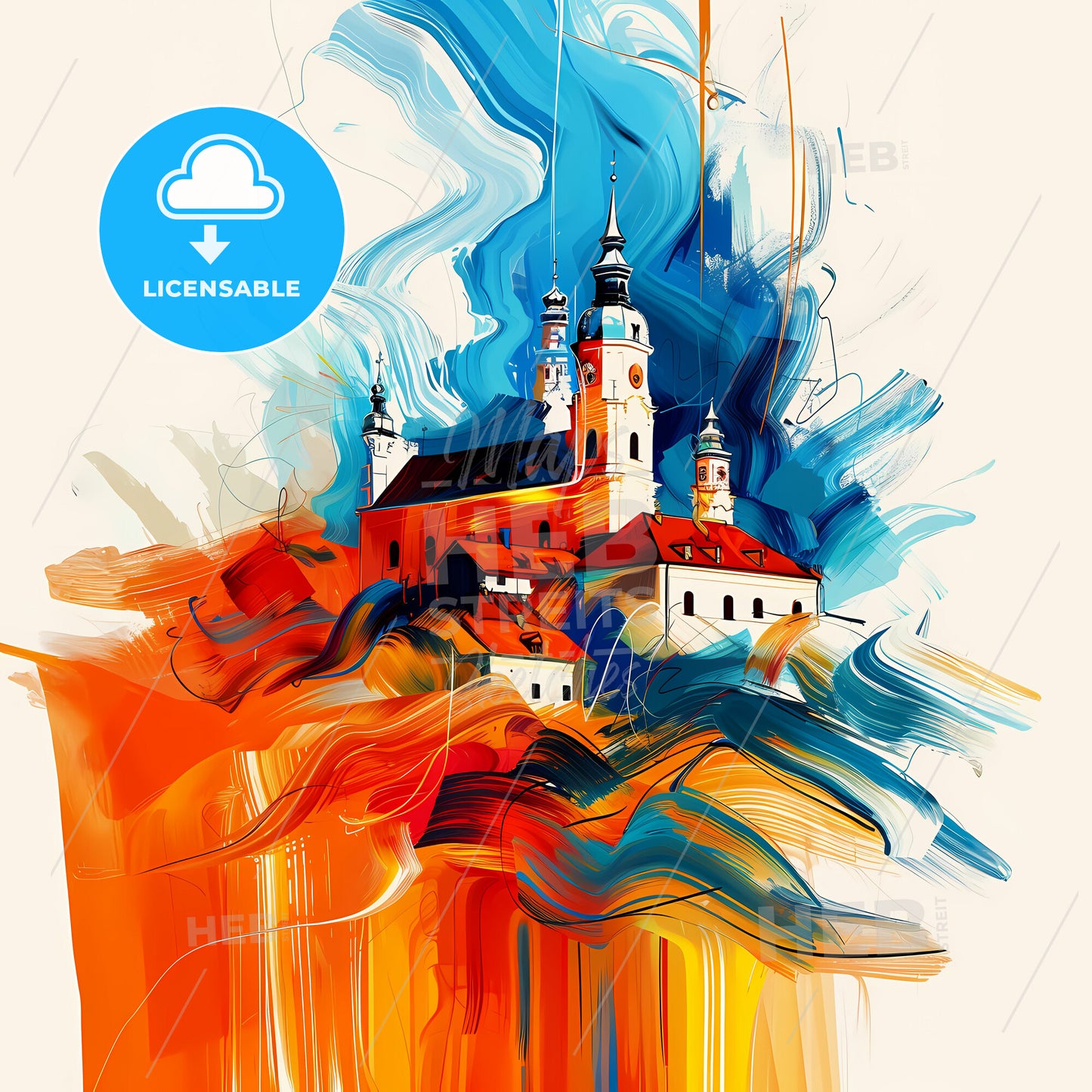 Vibrant Traun, Austria - A Painting Of A Building With Towers And A Blue And Orange Background