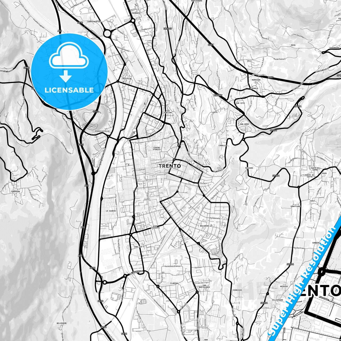 Trento, Italy Light Map with Street Names, City Names, and Districts