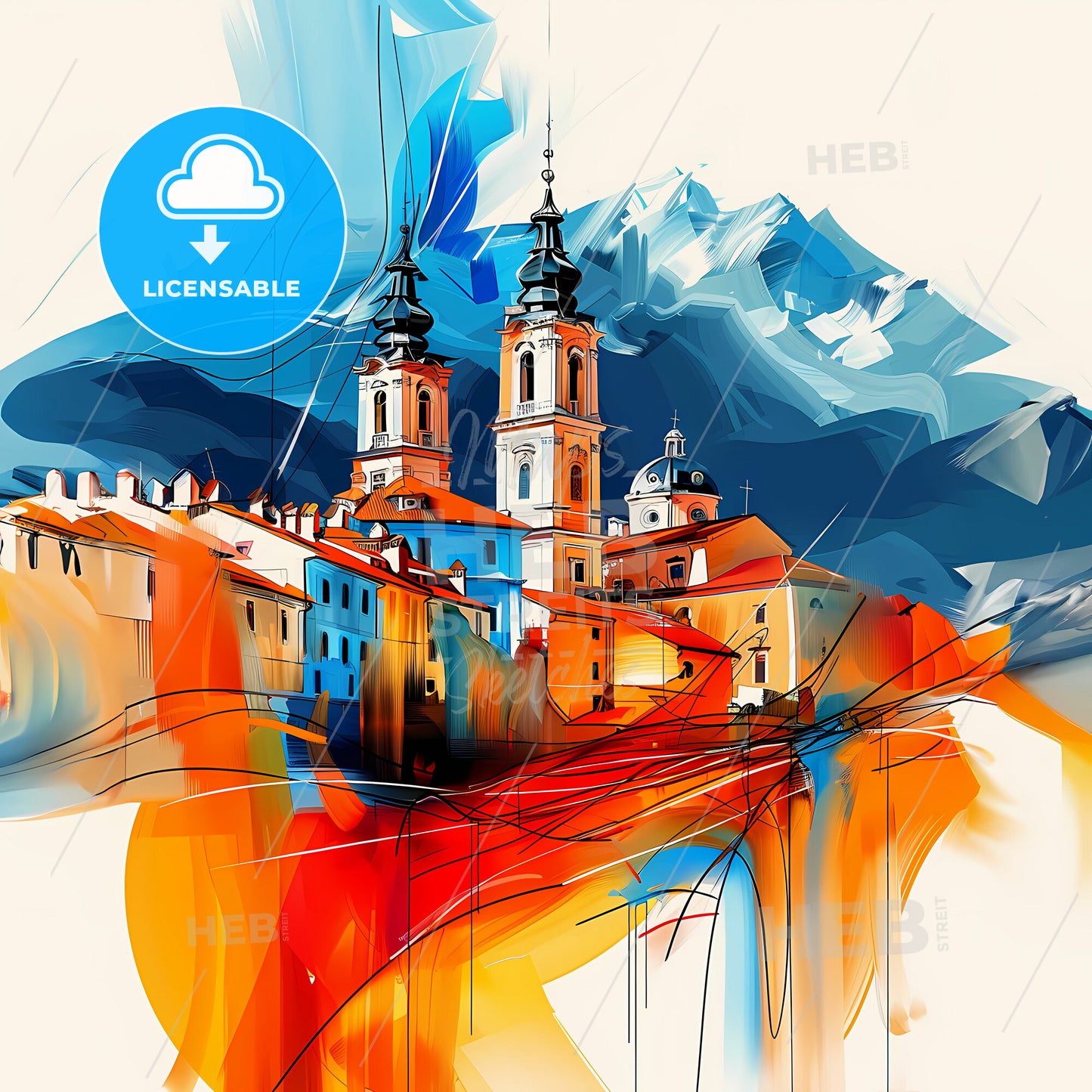 Vibrant Trento, Italy - A Painting Of A Building With Towers And Mountains In The Background