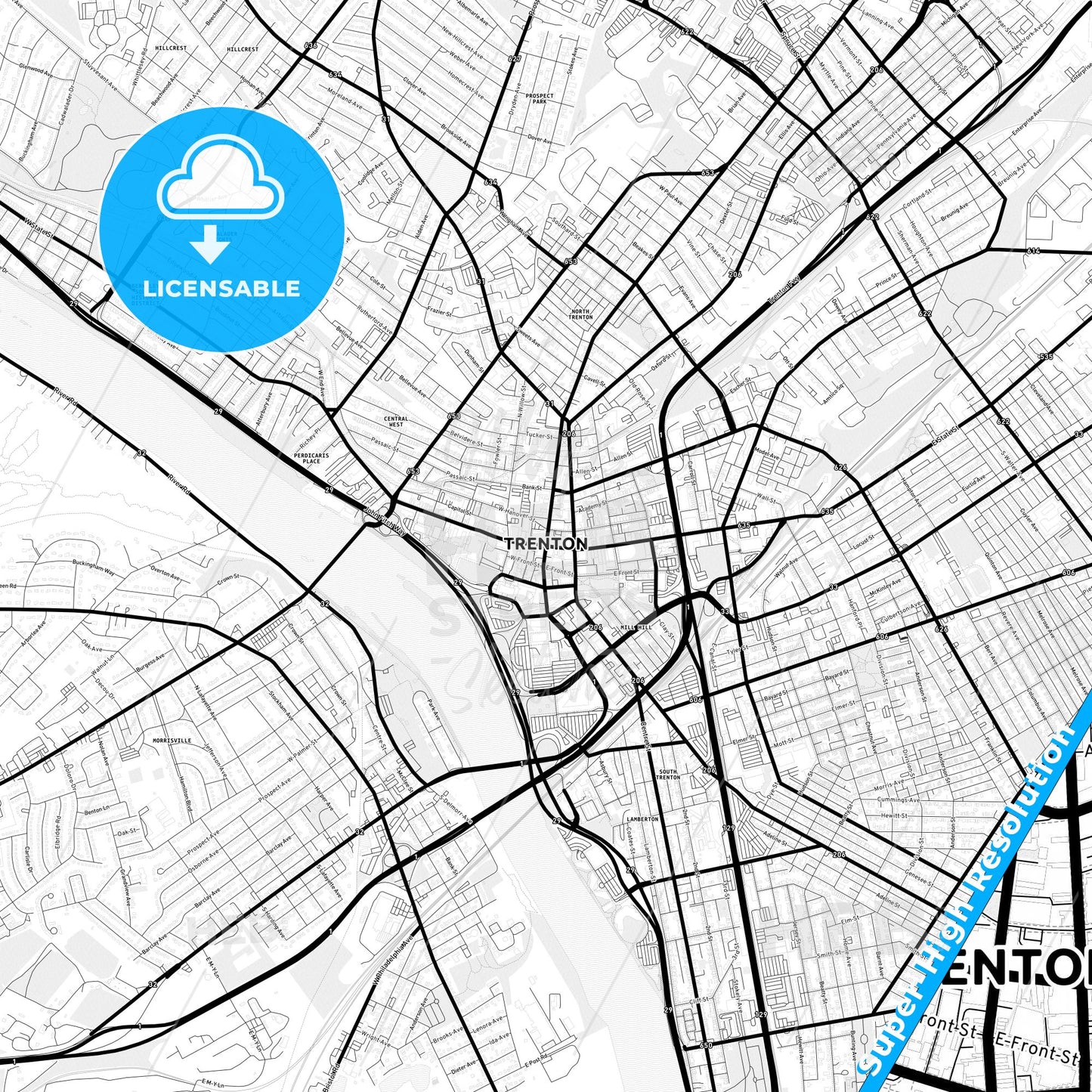 Trenton, New Jersey Light Map with Street Names, City Names, and Districts