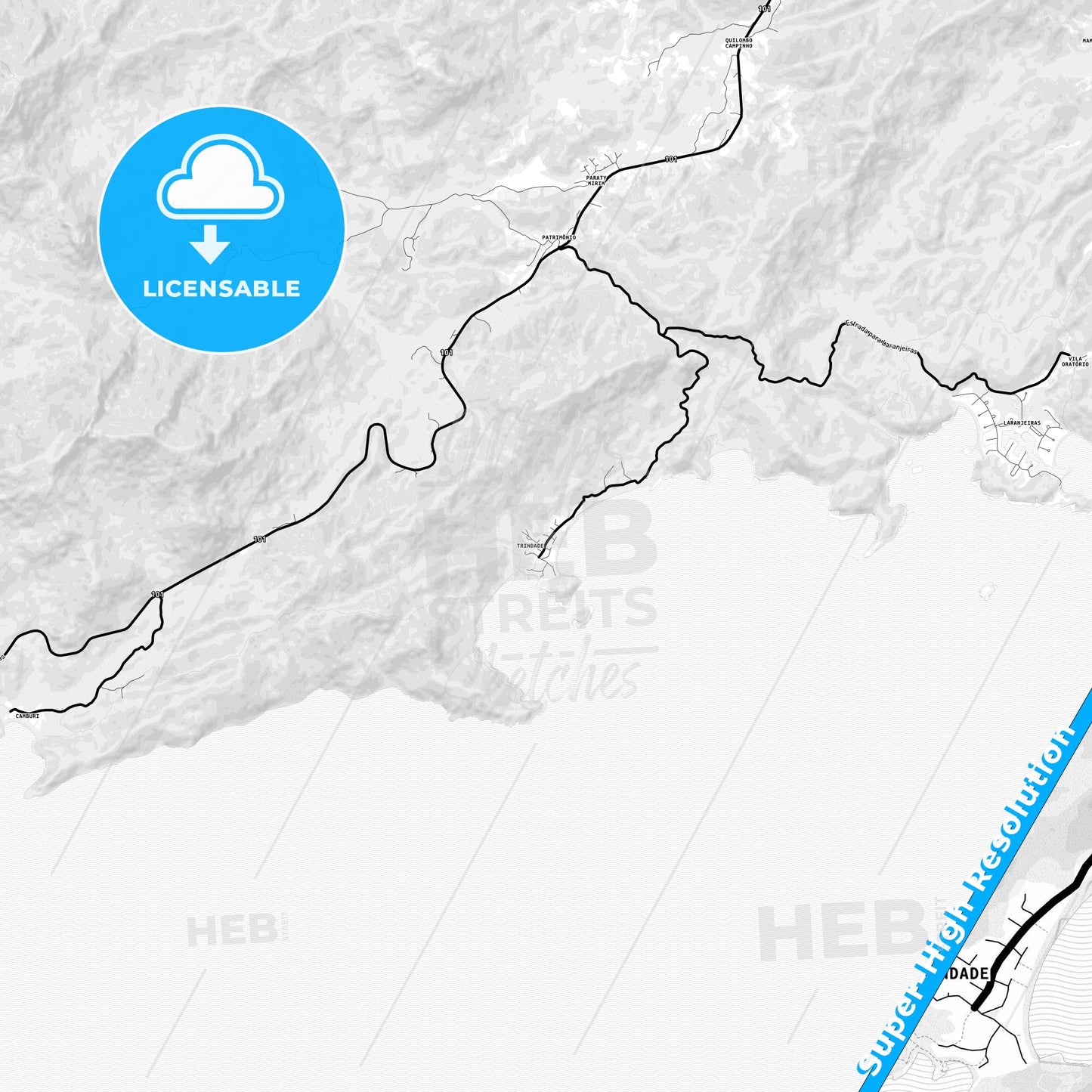Trindade, Brazil Light Map with Street Names, City Names, and Districts