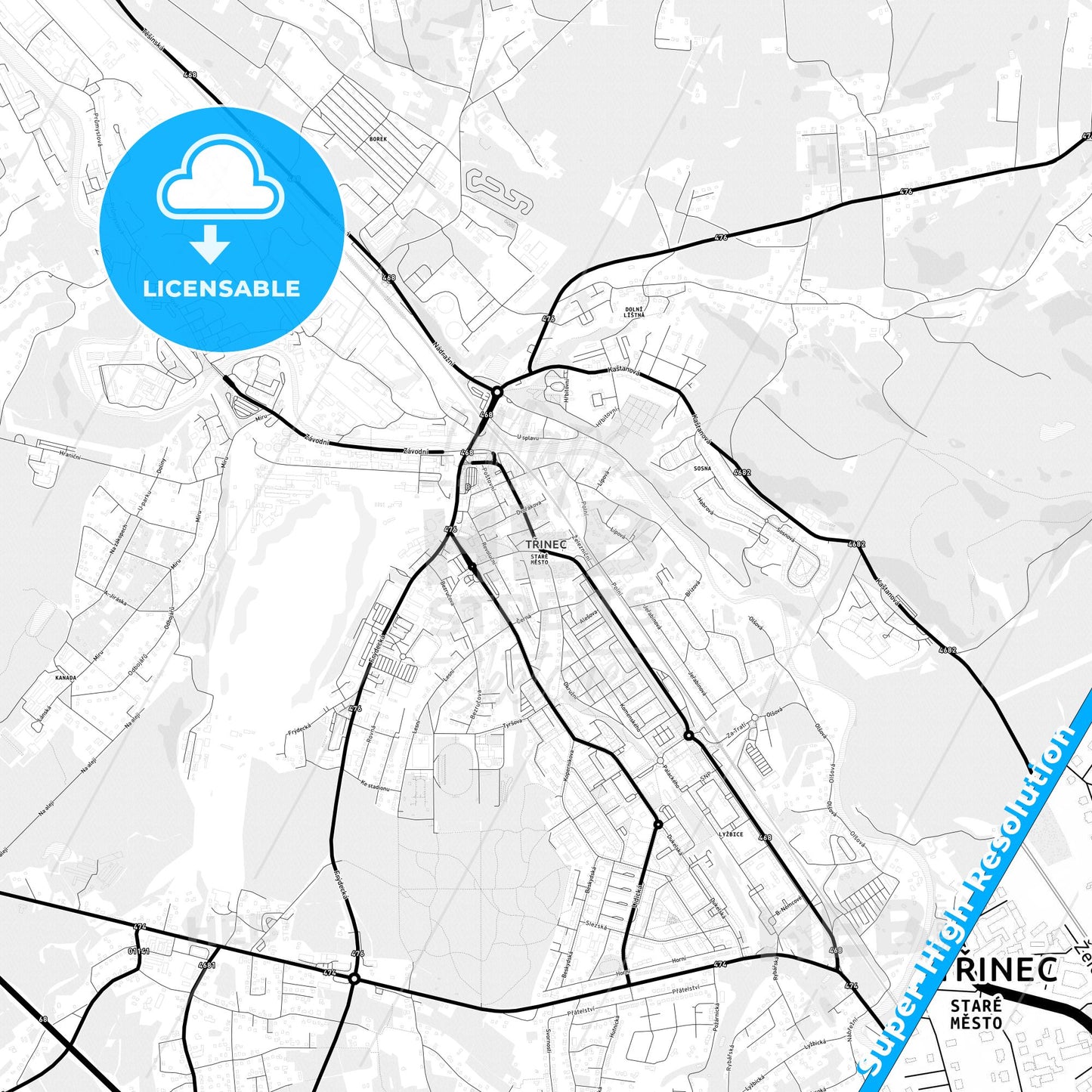 Třinec, Czechia Light Map with Street Names, City Names, and Districts