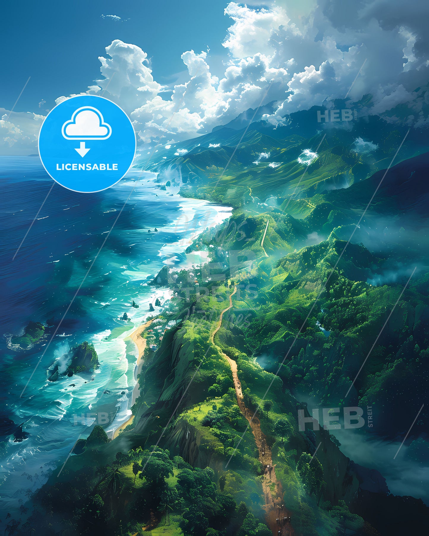 Trinidad and Tobago North American Painting Landscape Ocean Mountain Vivid Colors Artwork