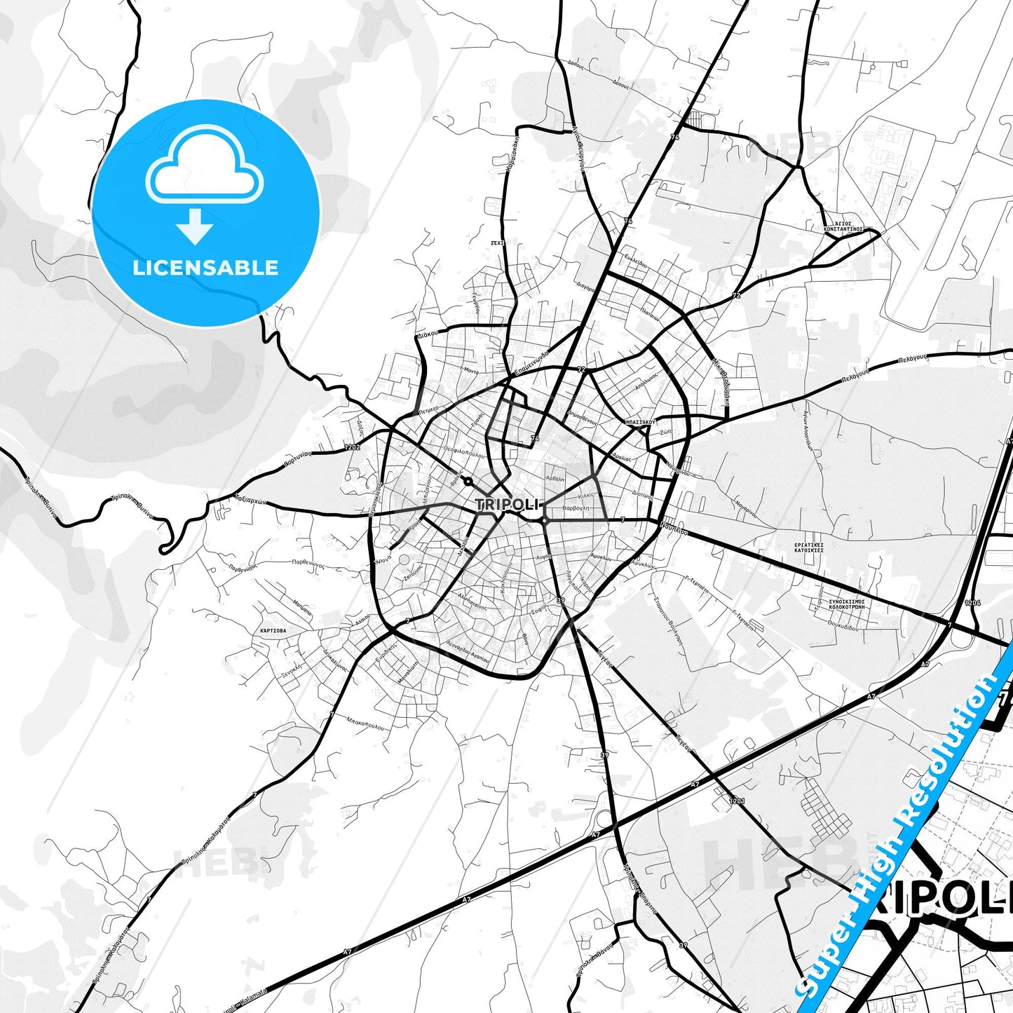 Tripoli, Greece Light Map with Street Names, City Names, and Districts