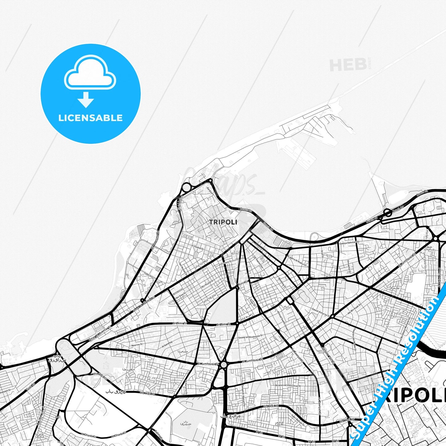 Tripoli, Libya Light Map with Street Names, City Names, and Districts