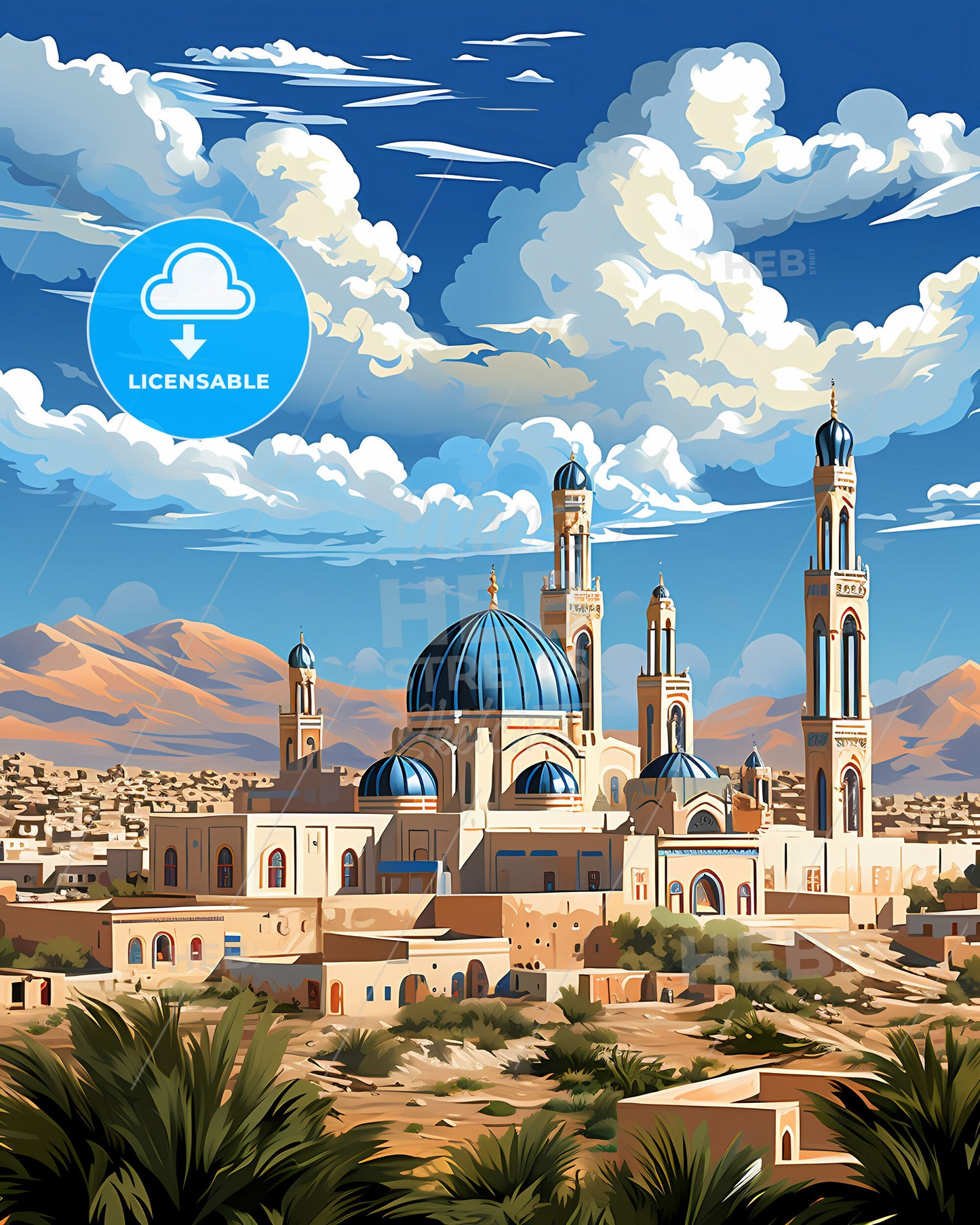 Colorful Abstract Tripoli Libya Cityscape Painting with Blue Domes and Desert Landscape