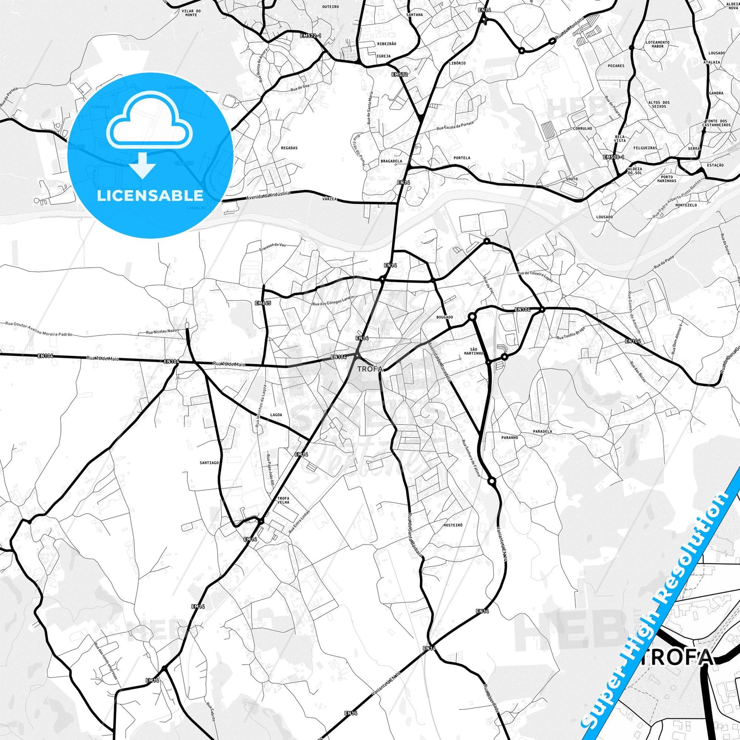 Trofa, Portugal Light Map with Street Names, City Names, and Districts